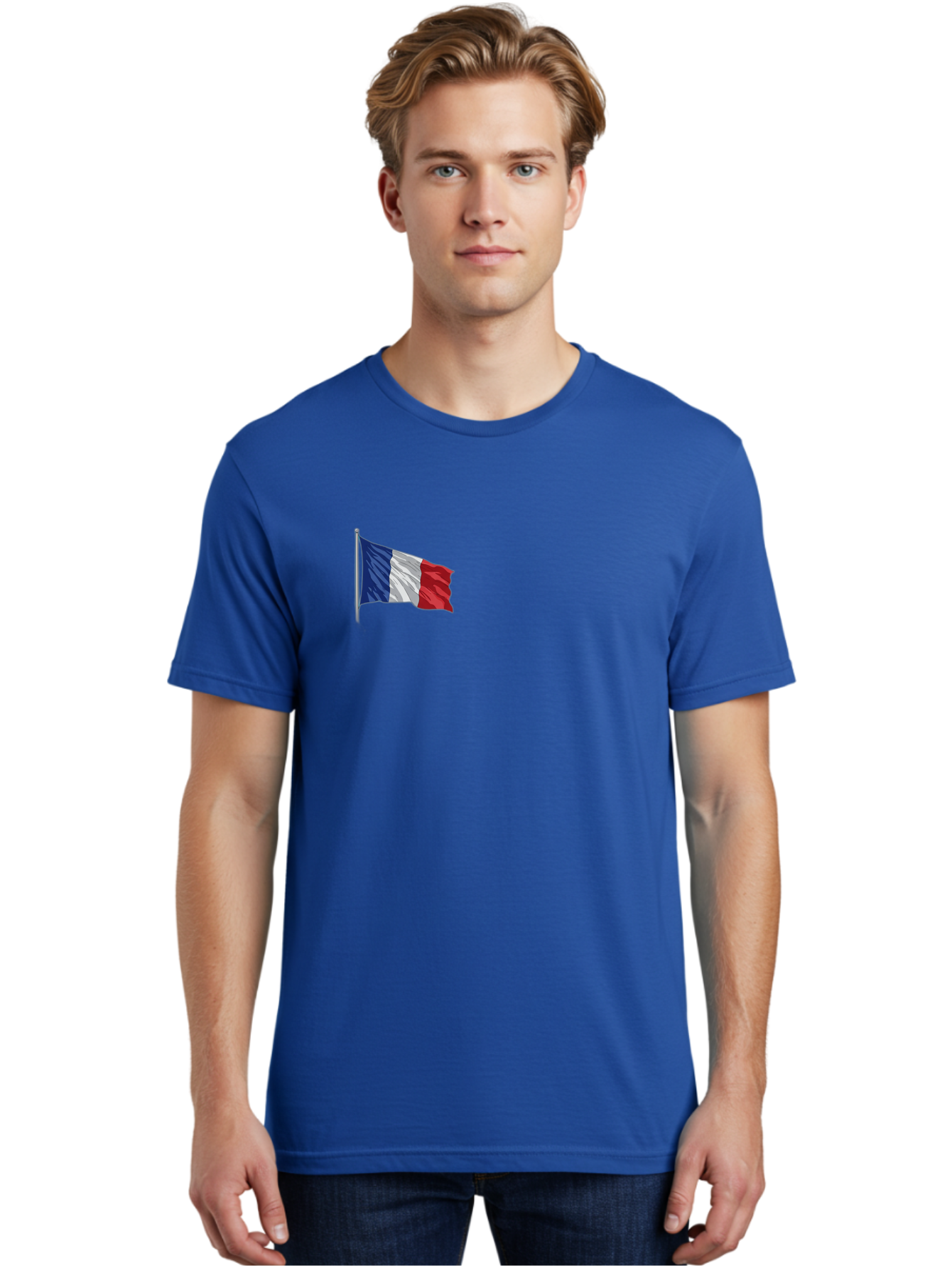 French-Flag Men'S Graphic Tee, 100% Cotton, Comfortable Casual Summer Wear, Machine Washable, French Flag Waving, National Symbol, France, Tricolor, Blue White And Red, Patriotic, Waving Flag, French Culture, Iconic Emblem, Country Flag Bad110
