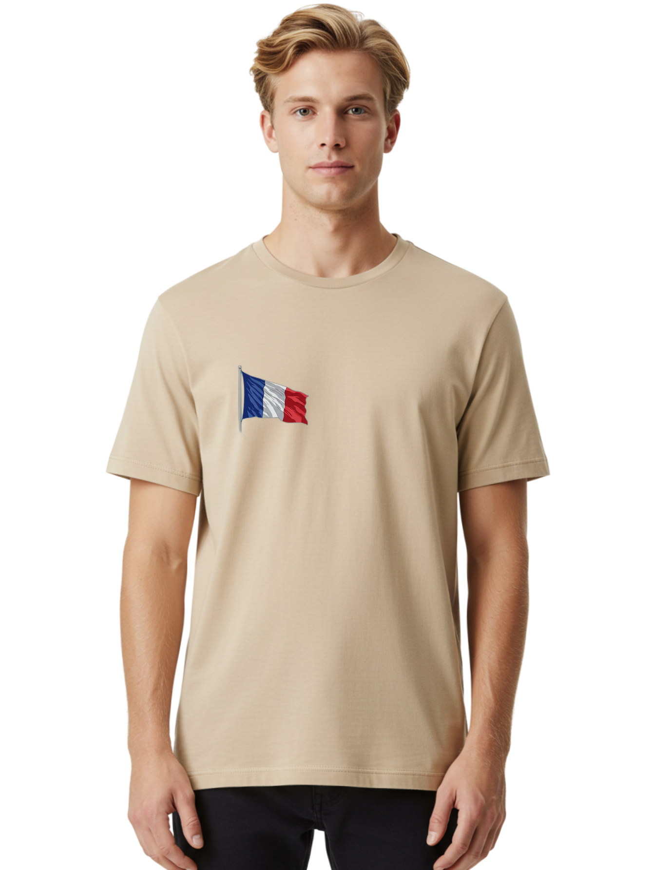 French-Flag Men'S Graphic Tee, 100% Cotton, Comfortable Casual Summer Wear, Machine Washable, French Flag Waving, National Symbol, France, Tricolor, Blue White And Red, Patriotic, Waving Flag, French Culture, Iconic Emblem, Country Flag Bad110