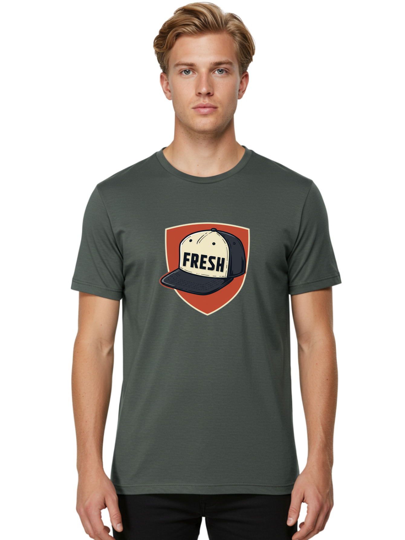 Fresh-Baseball-Cap Men'S Graphic Tee, 100% Cotton, Comfortable Casual Summer Wear, Machine Washable, Baseball Cap, Trendy Fashion, Streetwear Style, Fresh Branding, Stylish Accessories, Bold Design, Black And White Colors, Shield Icon Bad111