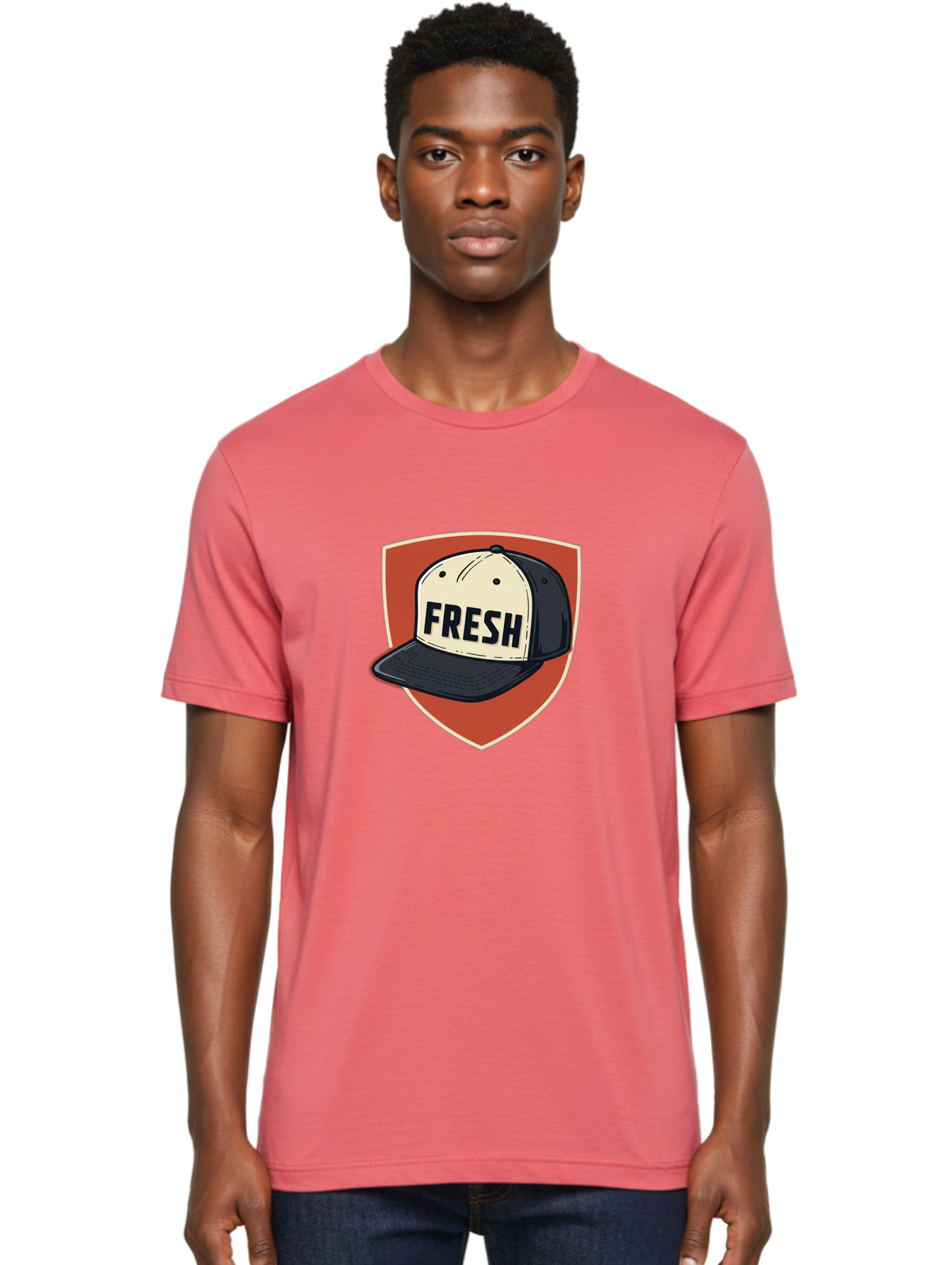 Fresh-Baseball-Cap Men'S Graphic Tee, 100% Cotton, Comfortable Casual Summer Wear, Machine Washable, Baseball Cap, Trendy Fashion, Streetwear Style, Fresh Branding, Stylish Accessories, Bold Design, Black And White Colors, Shield Icon Bad111