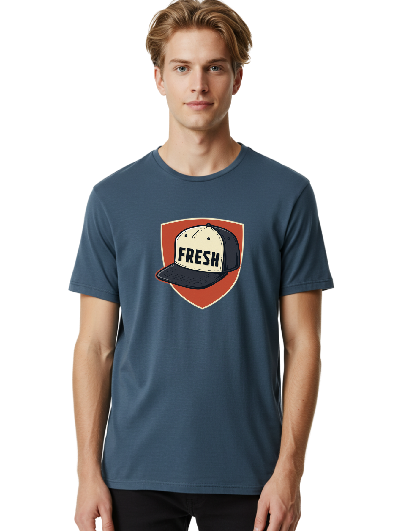Fresh-Baseball-Cap Men'S Graphic Tee, 100% Cotton, Comfortable Casual Summer Wear, Machine Washable, Baseball Cap, Trendy Fashion, Streetwear Style, Fresh Branding, Stylish Accessories, Bold Design, Black And White Colors, Shield Icon Bad111