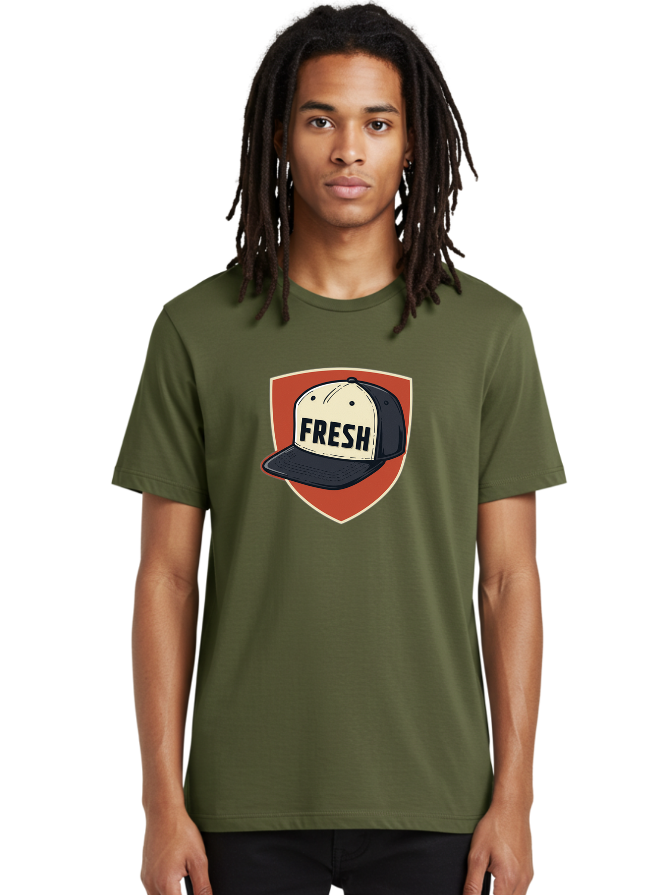 Fresh-Baseball-Cap Men'S Graphic Tee, 100% Cotton, Comfortable Casual Summer Wear, Machine Washable, Baseball Cap, Trendy Fashion, Streetwear Style, Fresh Branding, Stylish Accessories, Bold Design, Black And White Colors, Shield Icon Bad111