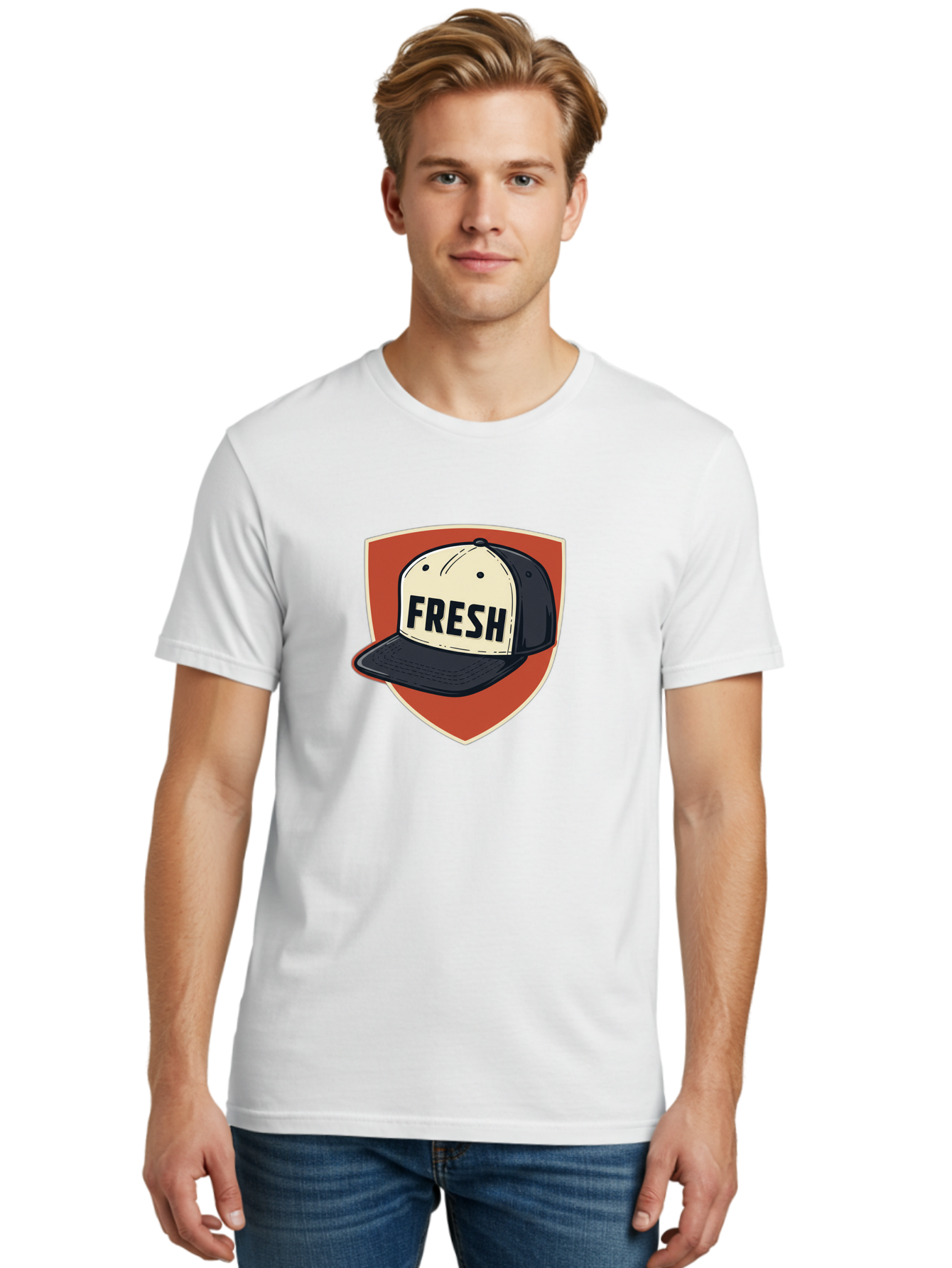 Fresh-Baseball-Cap Men'S Graphic Tee, 100% Cotton, Comfortable Casual Summer Wear, Machine Washable, Baseball Cap, Trendy Fashion, Streetwear Style, Fresh Branding, Stylish Accessories, Bold Design, Black And White Colors, Shield Icon Bad111
