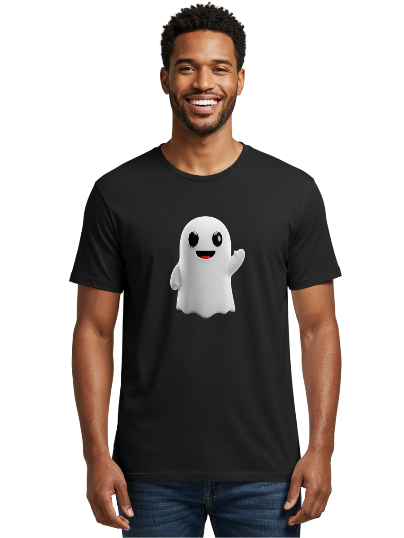 Friendly-Ghost Men'S Graphic Tee, 100% Cotton, Comfortable Casual Summer Wear, Machine Washable, Cartoon Ghost Character, Friendly Ghost, Smiling Ghost, Waving Ghost, Cute Ghost, 3D Rendering, Halloween Theme, Playful Character, Bad112