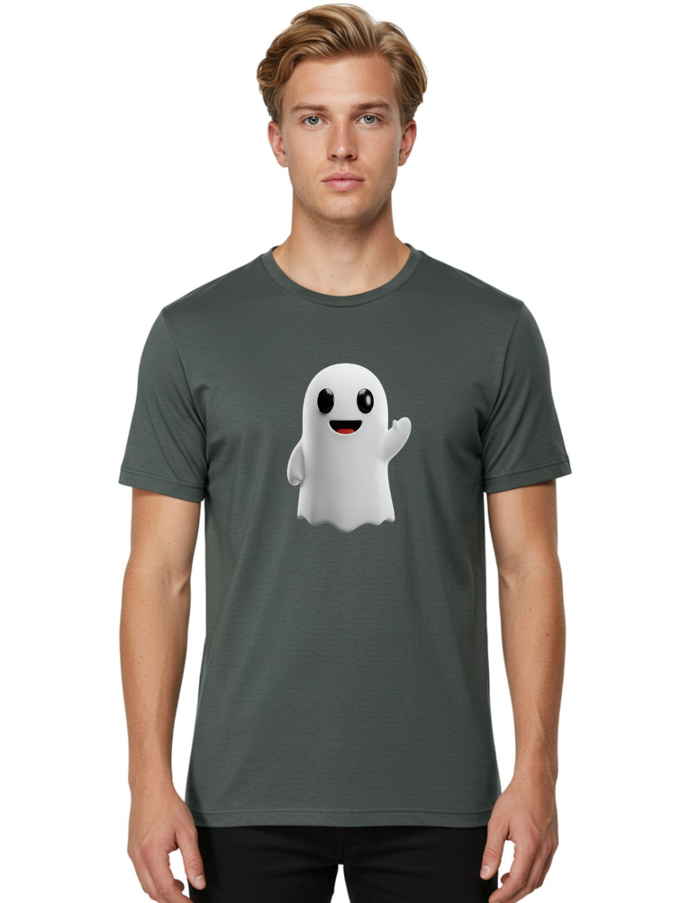 Friendly-Ghost Men'S Graphic Tee, 100% Cotton, Comfortable Casual Summer Wear, Machine Washable, Cartoon Ghost Character, Friendly Ghost, Smiling Ghost, Waving Ghost, Cute Ghost, 3D Rendering, Halloween Theme, Playful Character, Bad112