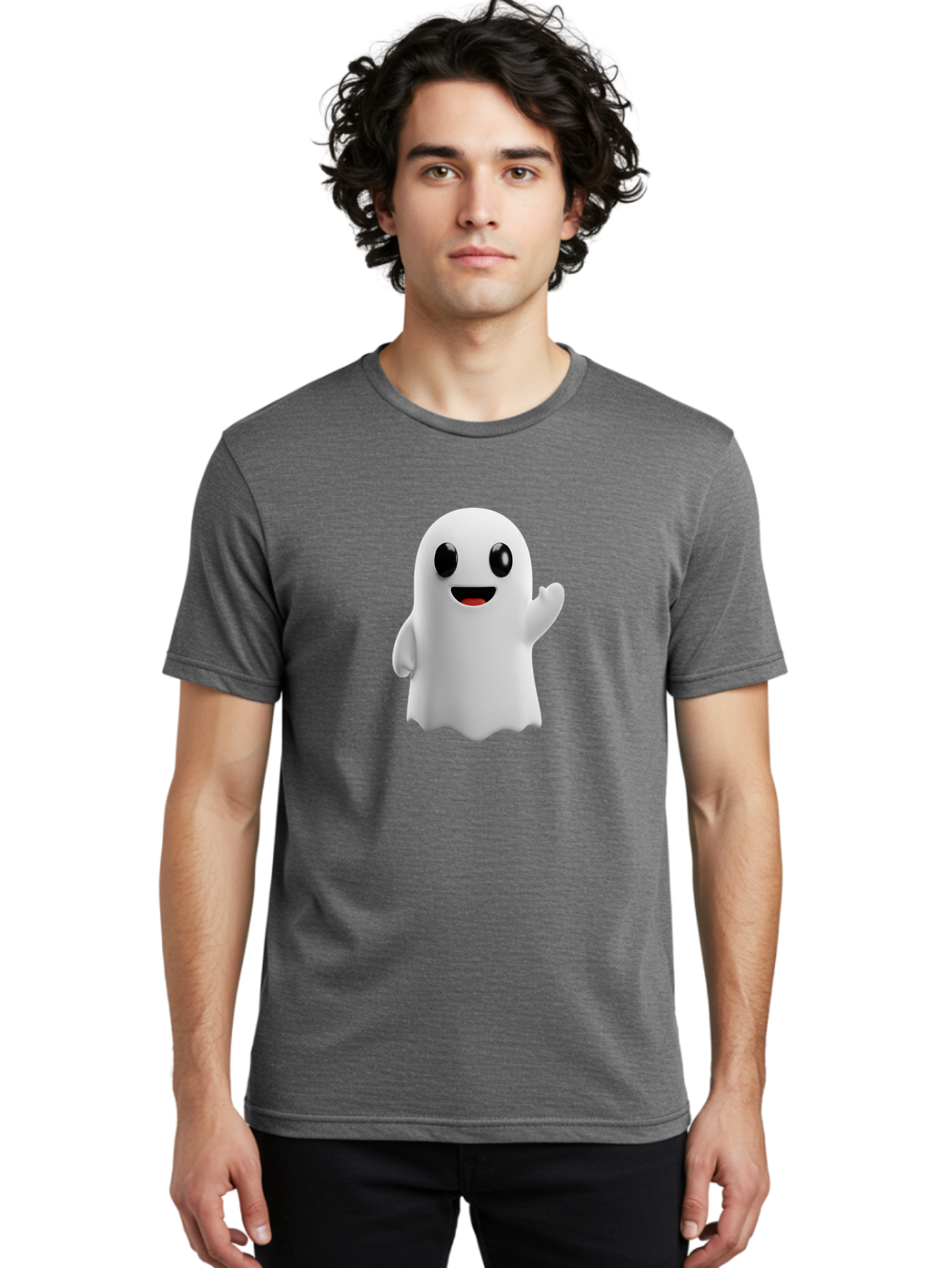 Friendly-Ghost Men'S Graphic Tee, 100% Cotton, Comfortable Casual Summer Wear, Machine Washable, Cartoon Ghost Character, Friendly Ghost, Smiling Ghost, Waving Ghost, Cute Ghost, 3D Rendering, Halloween Theme, Playful Character, Bad112