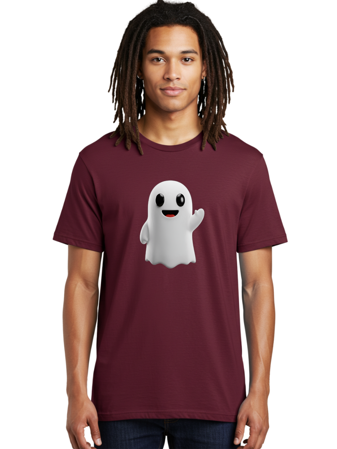 Friendly-Ghost Men'S Graphic Tee, 100% Cotton, Comfortable Casual Summer Wear, Machine Washable, Cartoon Ghost Character, Friendly Ghost, Smiling Ghost, Waving Ghost, Cute Ghost, 3D Rendering, Halloween Theme, Playful Character, Bad112