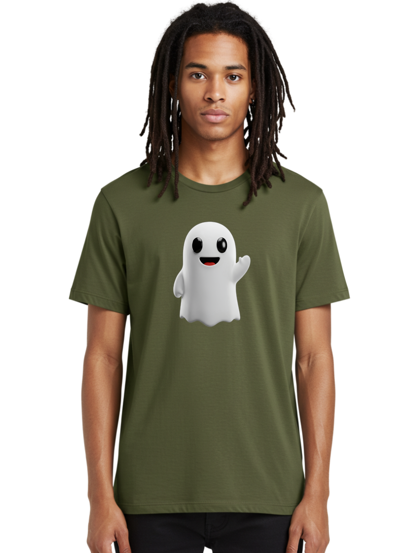 Friendly-Ghost Men'S Graphic Tee, 100% Cotton, Comfortable Casual Summer Wear, Machine Washable, Cartoon Ghost Character, Friendly Ghost, Smiling Ghost, Waving Ghost, Cute Ghost, 3D Rendering, Halloween Theme, Playful Character, Bad112