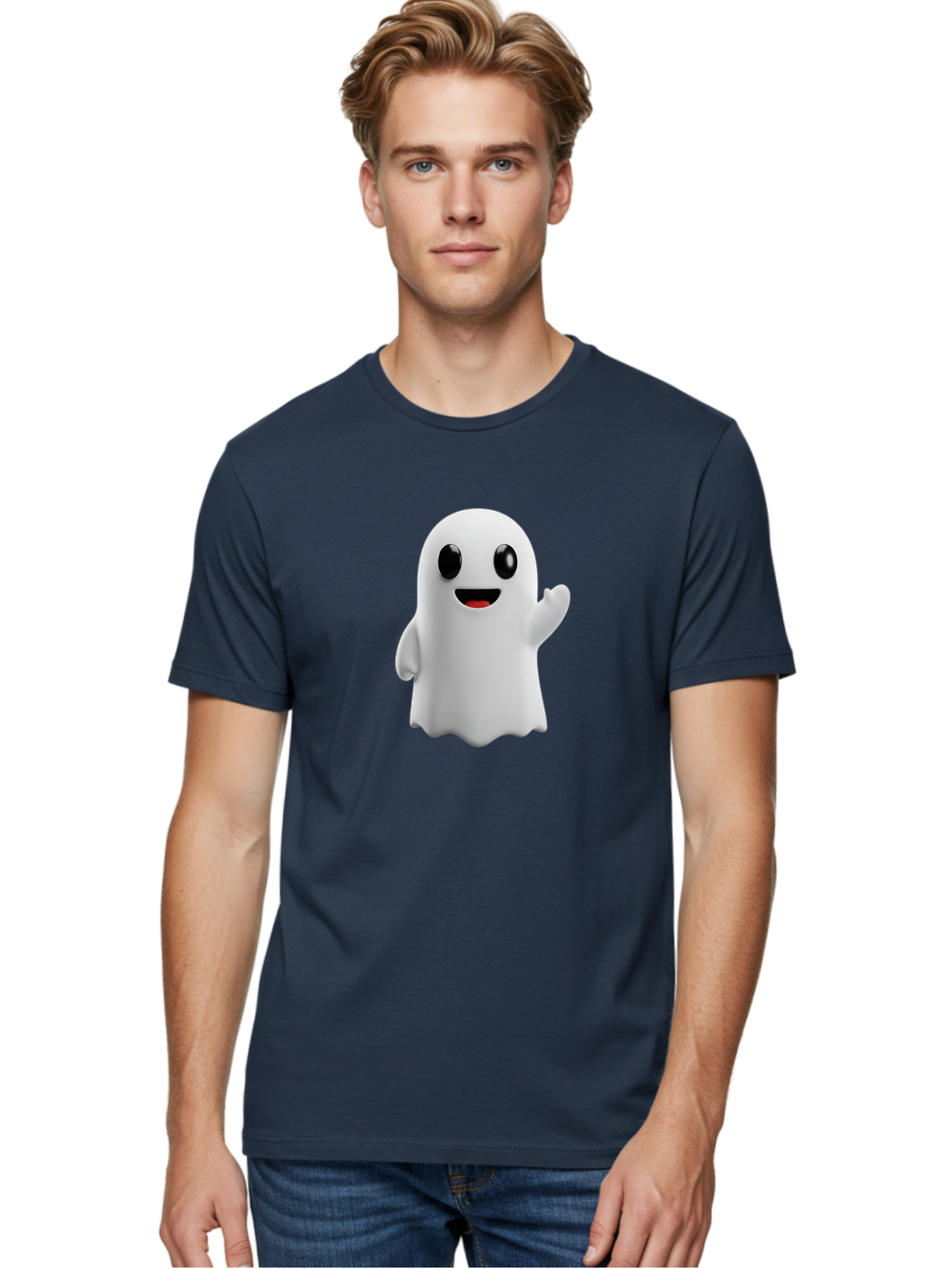 Friendly-Ghost Men'S Graphic Tee, 100% Cotton, Comfortable Casual Summer Wear, Machine Washable, Cartoon Ghost Character, Friendly Ghost, Smiling Ghost, Waving Ghost, Cute Ghost, 3D Rendering, Halloween Theme, Playful Character, Bad112