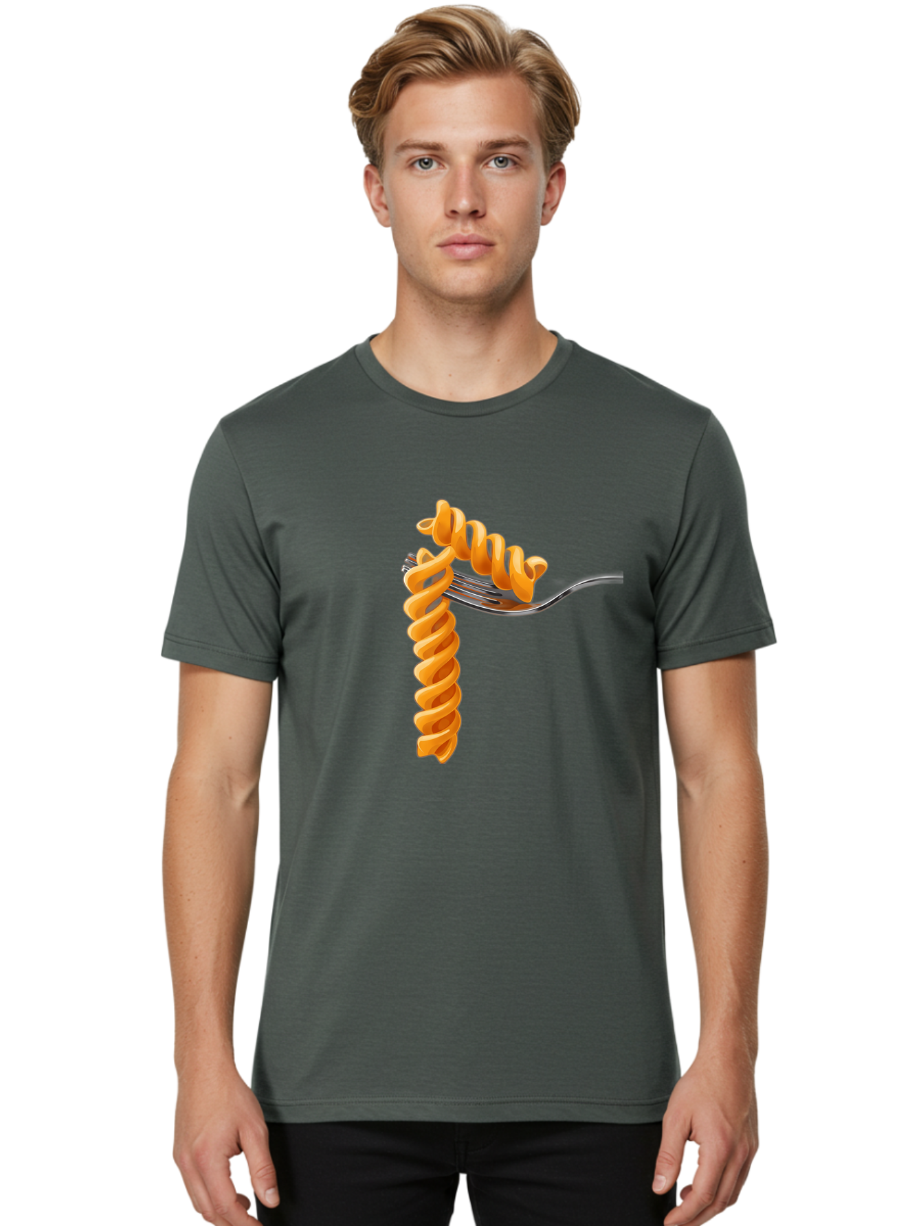 Fusilli-On-Fork Men'S Graphic Tee, 100% Cotton, Comfortable Casual Summer Wear, Machine Washable, Fusilli Pasta, Spiral Pasta, Fork, Italian Cuisine, Delicious Meal, Tasty Food, Pasta Dish, Culinary Delight Bad113