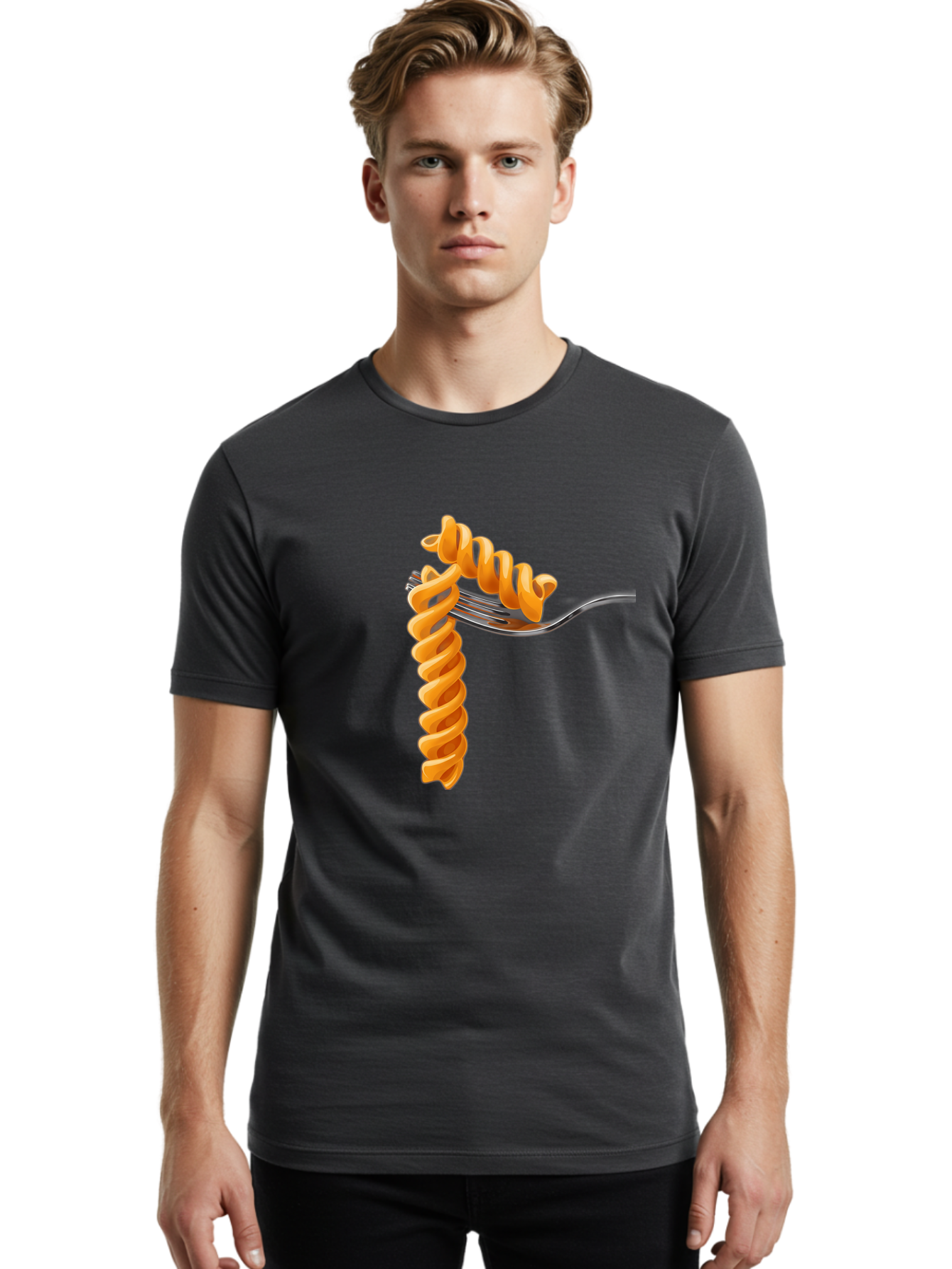 Fusilli-On-Fork Men'S Graphic Tee, 100% Cotton, Comfortable Casual Summer Wear, Machine Washable, Fusilli Pasta, Spiral Pasta, Fork, Italian Cuisine, Delicious Meal, Tasty Food, Pasta Dish, Culinary Delight Bad113