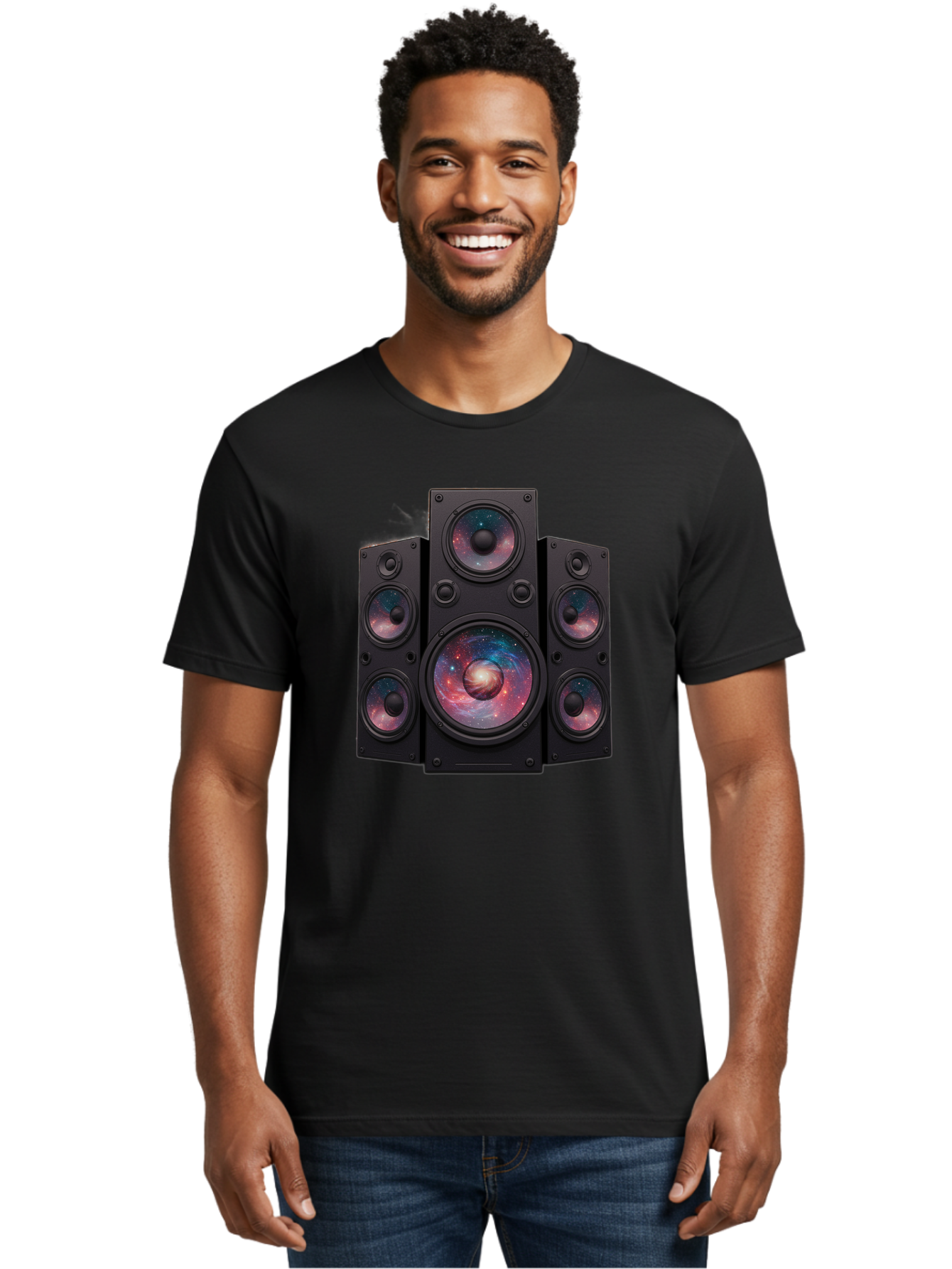 Galaxy-Speakers Men'S Graphic Tee, 100% Cotton, Comfortable Casual Summer Wear, Machine Washable, Home Theater System, Surround Sound Speakers, Galaxy Design, Space-Themed Decor, Audio Equipment, Immersive Sound Experience, Bad114