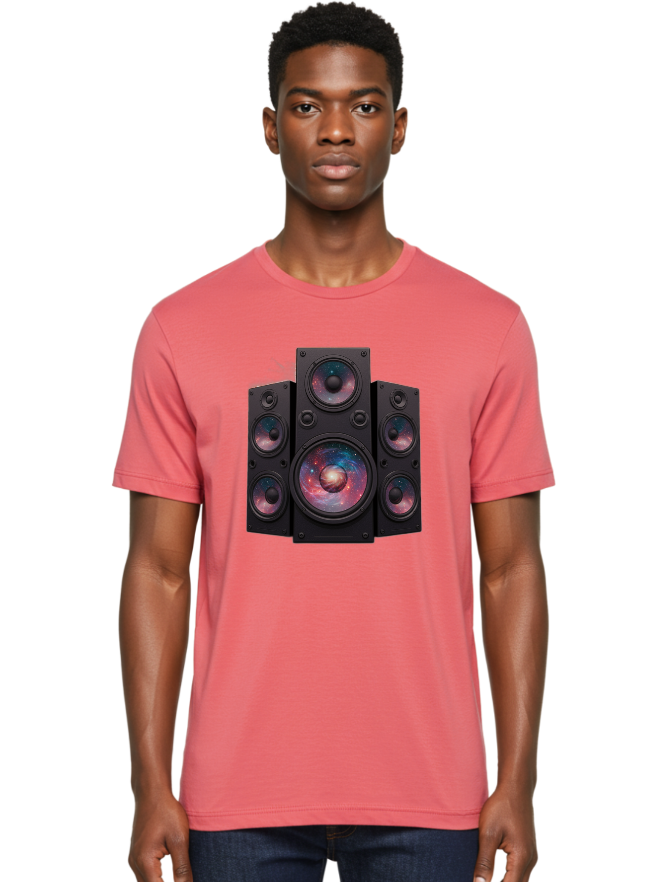 Galaxy-Speakers Men'S Graphic Tee, 100% Cotton, Comfortable Casual Summer Wear, Machine Washable, Home Theater System, Surround Sound Speakers, Galaxy Design, Space-Themed Decor, Audio Equipment, Immersive Sound Experience, Bad114