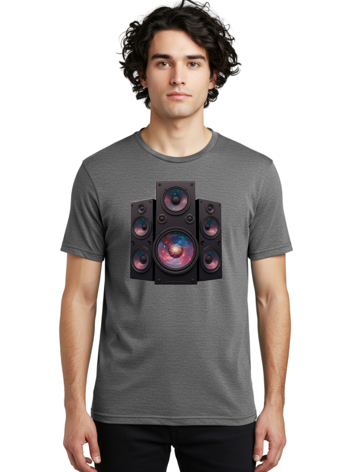 Galaxy-Speakers Men'S Graphic Tee, 100% Cotton, Comfortable Casual Summer Wear, Machine Washable, Home Theater System, Surround Sound Speakers, Galaxy Design, Space-Themed Decor, Audio Equipment, Immersive Sound Experience, Bad114