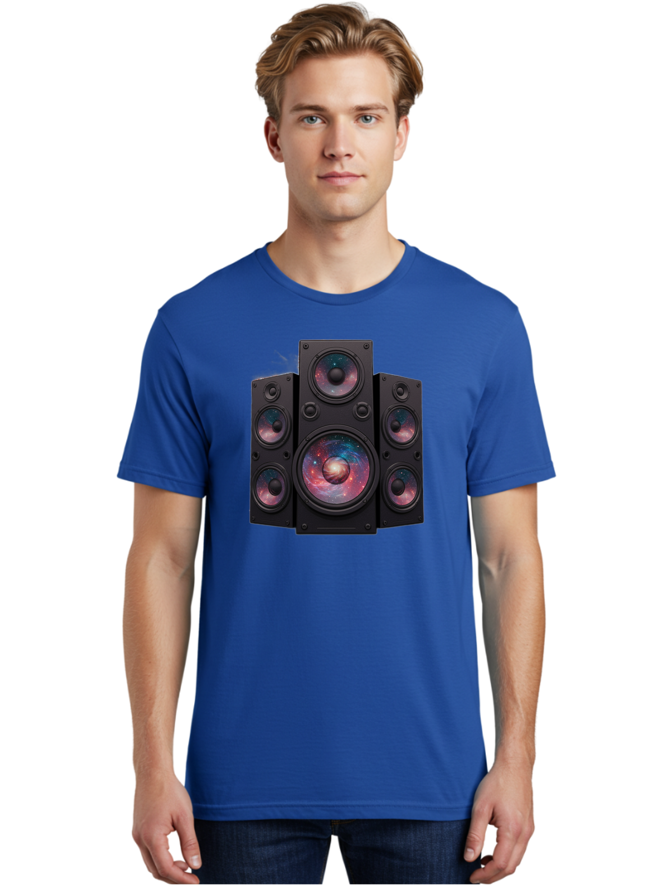 Galaxy-Speakers Men'S Graphic Tee, 100% Cotton, Comfortable Casual Summer Wear, Machine Washable, Home Theater System, Surround Sound Speakers, Galaxy Design, Space-Themed Decor, Audio Equipment, Immersive Sound Experience, Bad114