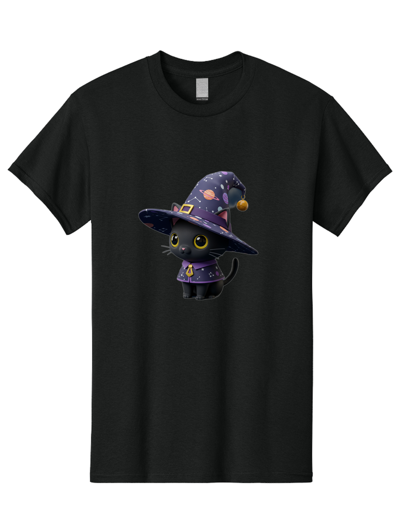 Galaxy-Witch-Cat Men'S Graphic Tee, 100% Cotton, Comfortable Casual Summer Wear, Machine Washable, Black Cat In Witch Costume, Galaxy-Themed Hat, Celestial Design, Yellow Eyes, Magical Atmosphere, Halloween Icon, Adorable Character, Bad115