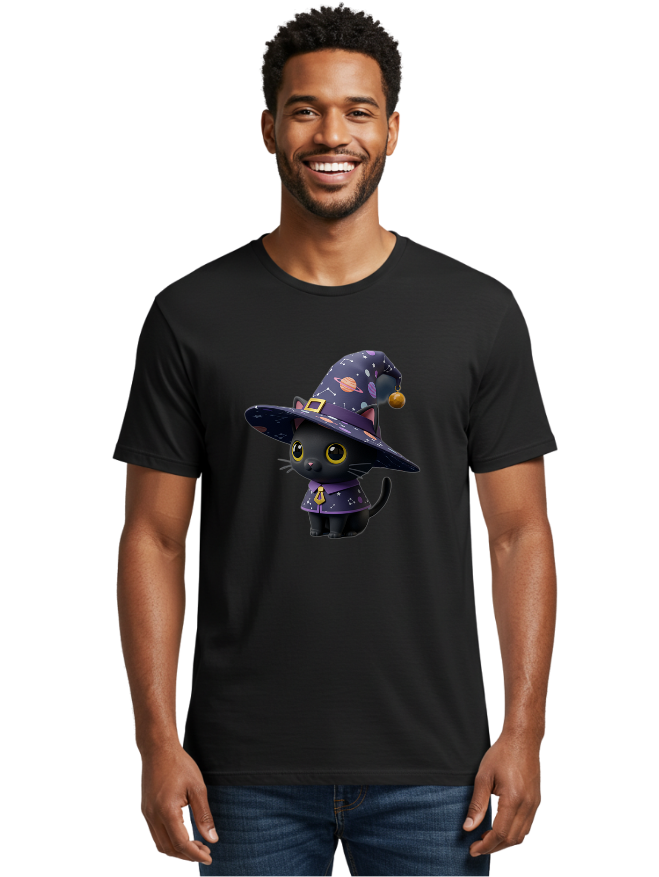 Galaxy-Witch-Cat Men'S Graphic Tee, 100% Cotton, Comfortable Casual Summer Wear, Machine Washable, Black Cat In Witch Costume, Galaxy-Themed Hat, Celestial Design, Yellow Eyes, Magical Atmosphere, Halloween Icon, Adorable Character, Bad115