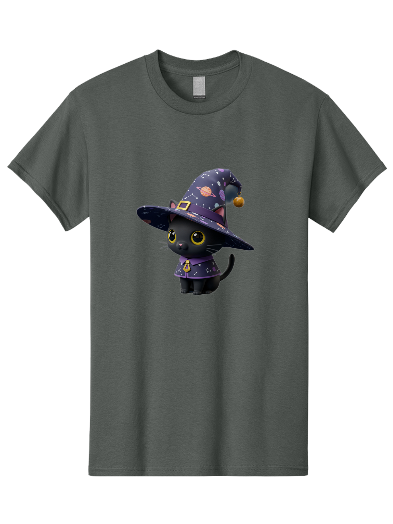 Galaxy-Witch-Cat Men'S Graphic Tee, 100% Cotton, Comfortable Casual Summer Wear, Machine Washable, Black Cat In Witch Costume, Galaxy-Themed Hat, Celestial Design, Yellow Eyes, Magical Atmosphere, Halloween Icon, Adorable Character, Bad115