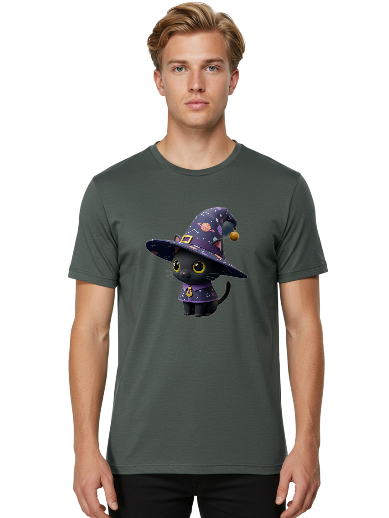Galaxy-Witch-Cat Men'S Graphic Tee, 100% Cotton, Comfortable Casual Summer Wear, Machine Washable, Black Cat In Witch Costume, Galaxy-Themed Hat, Celestial Design, Yellow Eyes, Magical Atmosphere, Halloween Icon, Adorable Character, Bad115