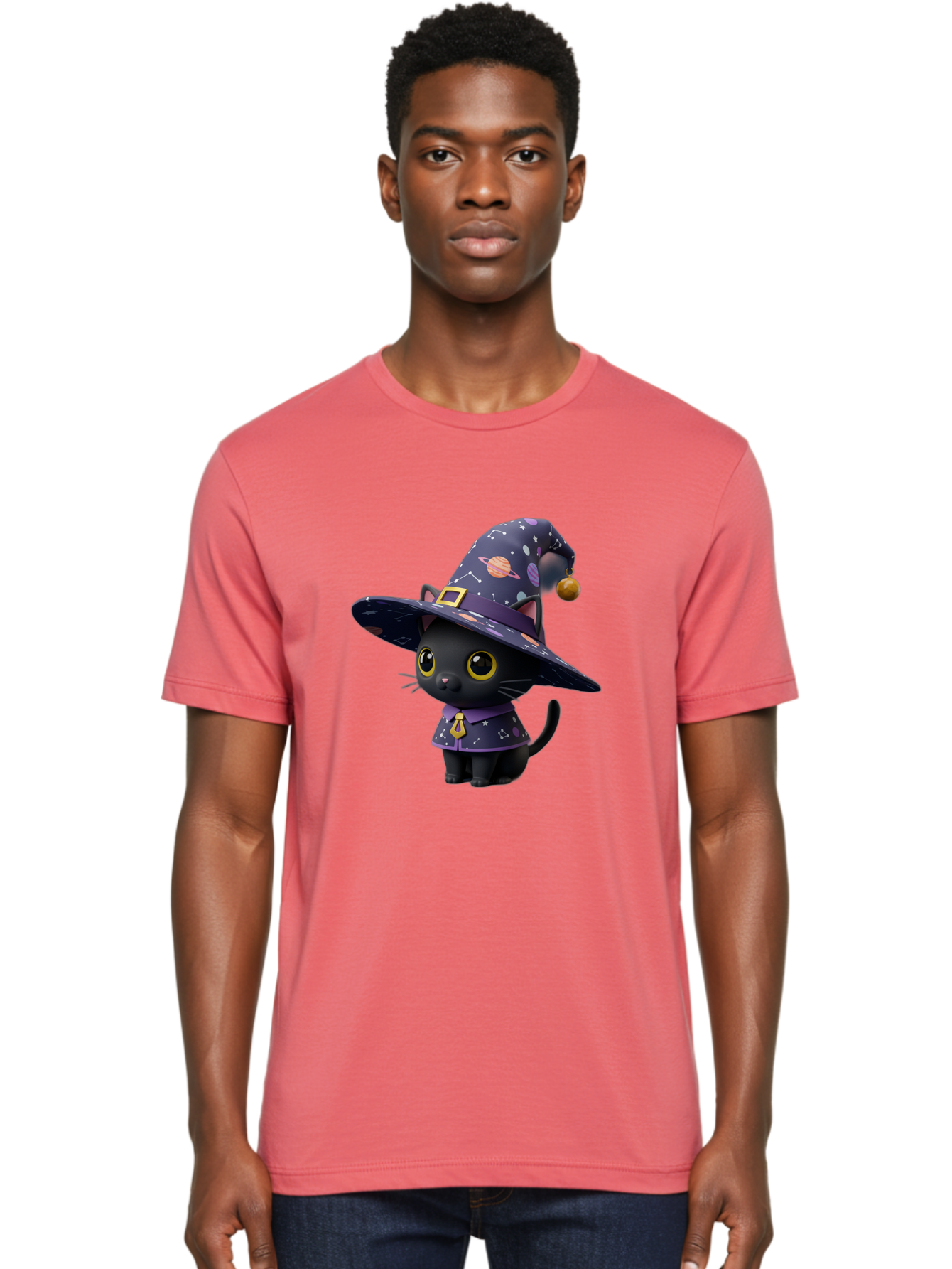 Galaxy-Witch-Cat Men'S Graphic Tee, 100% Cotton, Comfortable Casual Summer Wear, Machine Washable, Black Cat In Witch Costume, Galaxy-Themed Hat, Celestial Design, Yellow Eyes, Magical Atmosphere, Halloween Icon, Adorable Character, Bad115