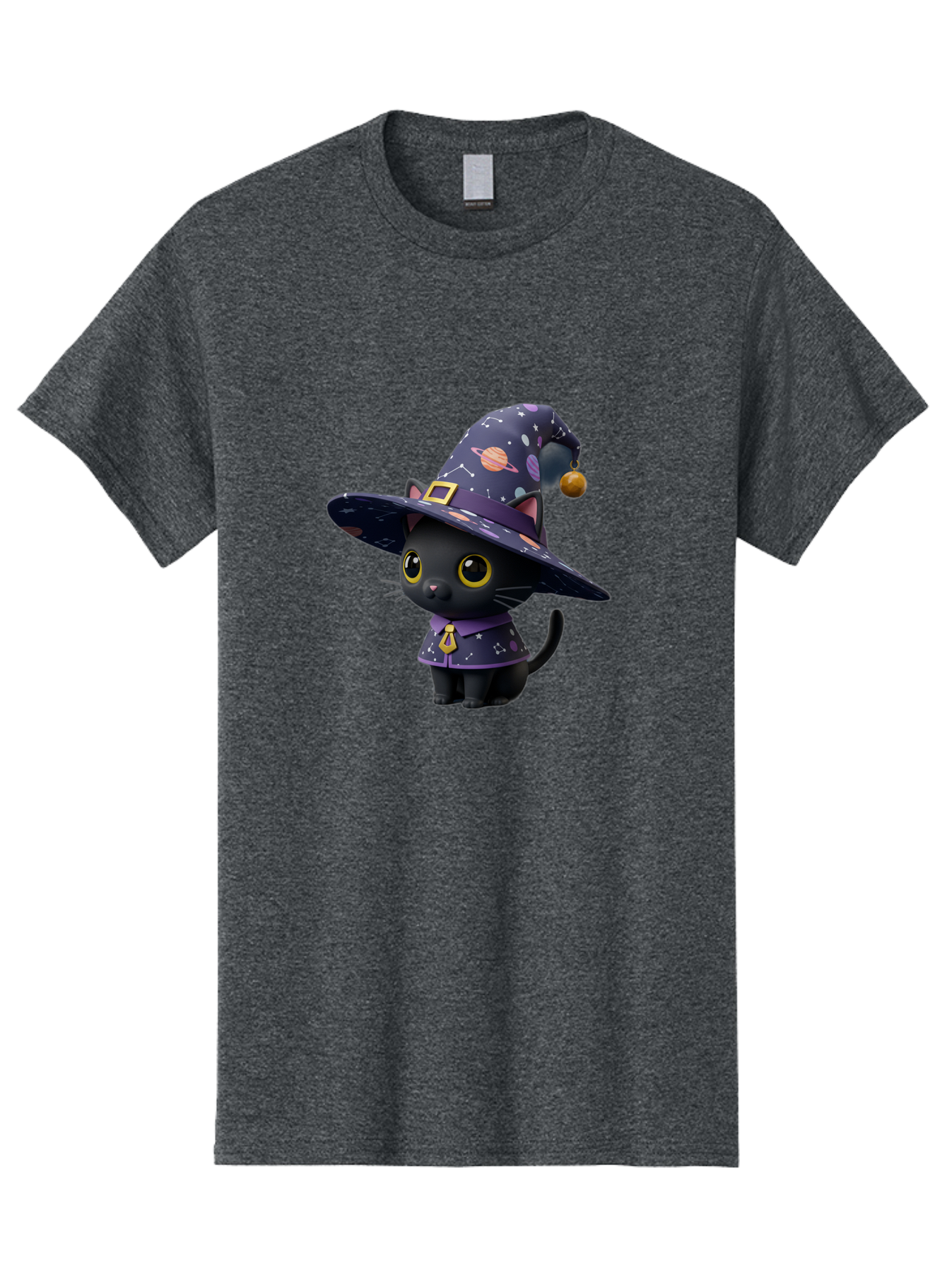 Galaxy-Witch-Cat Men'S Graphic Tee, 100% Cotton, Comfortable Casual Summer Wear, Machine Washable, Black Cat In Witch Costume, Galaxy-Themed Hat, Celestial Design, Yellow Eyes, Magical Atmosphere, Halloween Icon, Adorable Character, Bad115