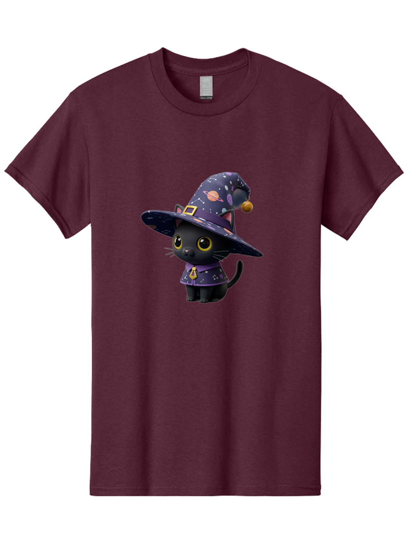 Galaxy-Witch-Cat Men'S Graphic Tee, 100% Cotton, Comfortable Casual Summer Wear, Machine Washable, Black Cat In Witch Costume, Galaxy-Themed Hat, Celestial Design, Yellow Eyes, Magical Atmosphere, Halloween Icon, Adorable Character, Bad115