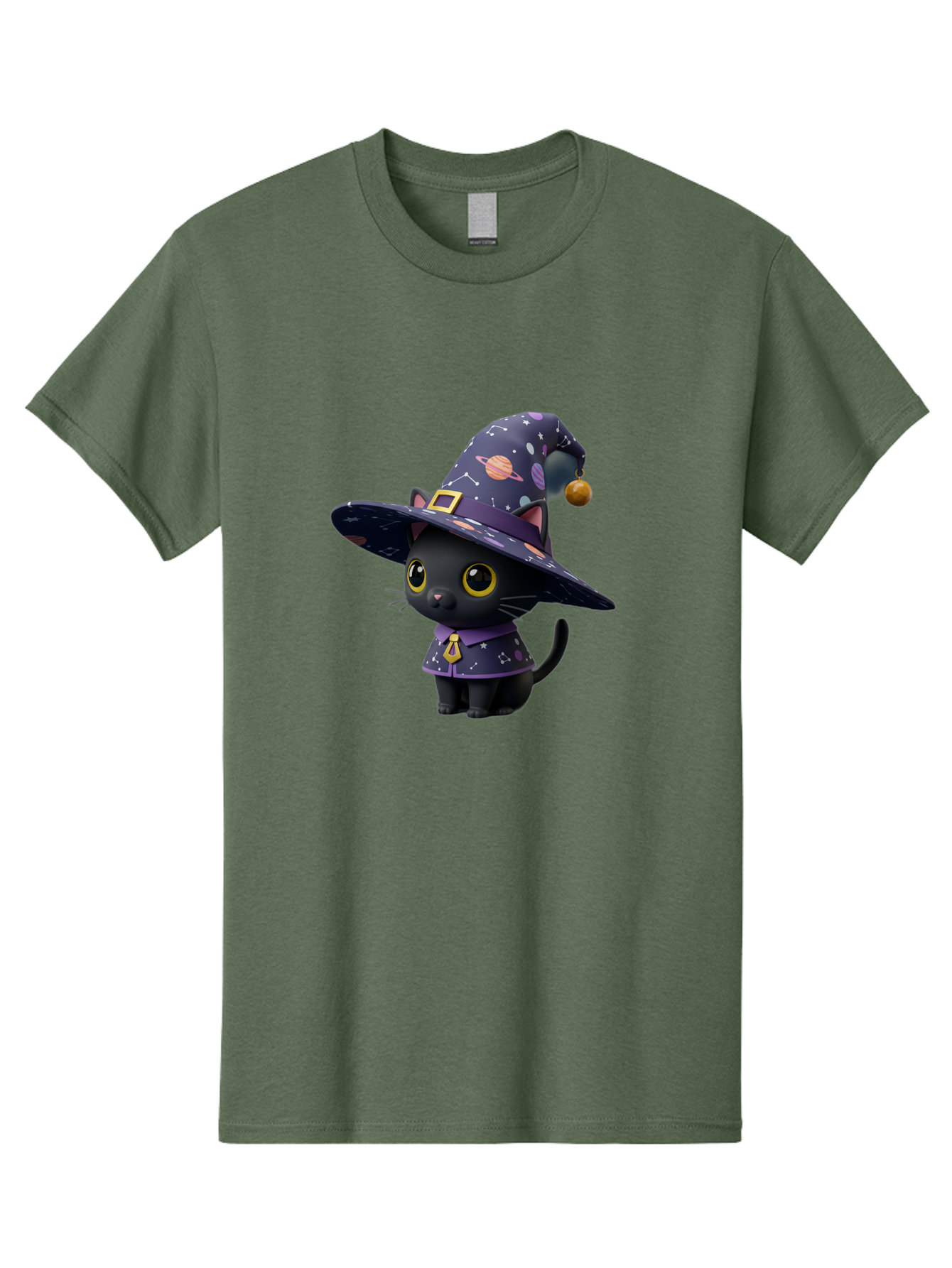 Galaxy-Witch-Cat Men'S Graphic Tee, 100% Cotton, Comfortable Casual Summer Wear, Machine Washable, Black Cat In Witch Costume, Galaxy-Themed Hat, Celestial Design, Yellow Eyes, Magical Atmosphere, Halloween Icon, Adorable Character, Bad115