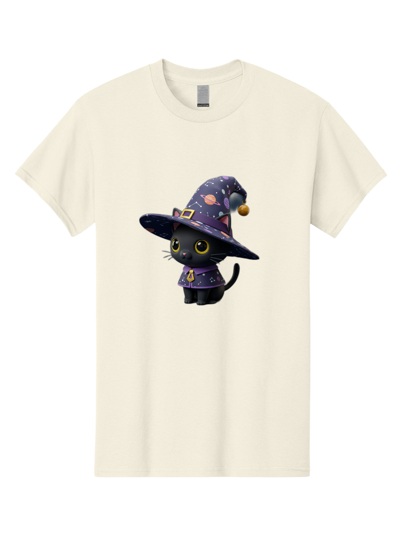 Galaxy-Witch-Cat Men'S Graphic Tee, 100% Cotton, Comfortable Casual Summer Wear, Machine Washable, Black Cat In Witch Costume, Galaxy-Themed Hat, Celestial Design, Yellow Eyes, Magical Atmosphere, Halloween Icon, Adorable Character, Bad115