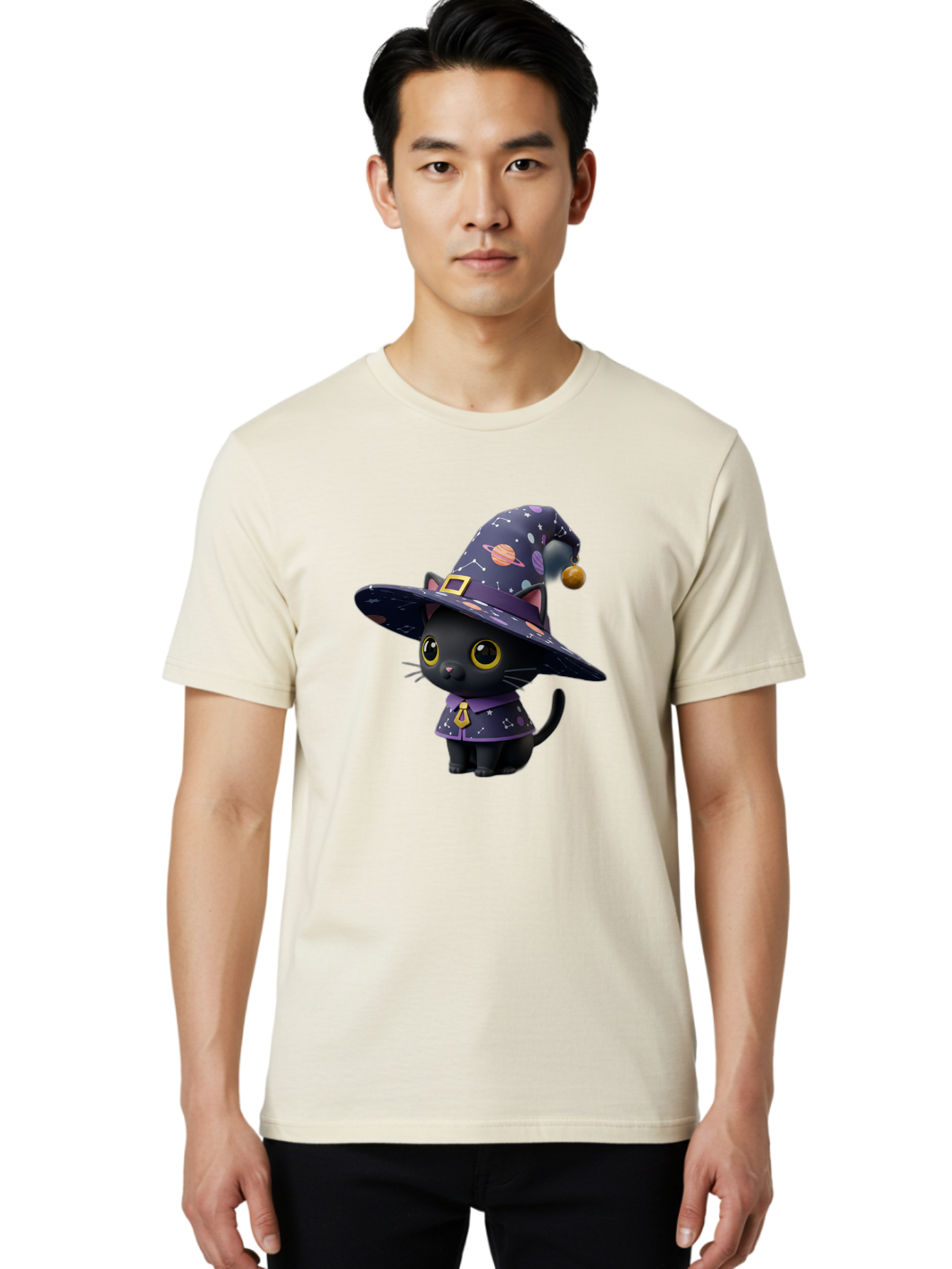 Galaxy-Witch-Cat Men'S Graphic Tee, 100% Cotton, Comfortable Casual Summer Wear, Machine Washable, Black Cat In Witch Costume, Galaxy-Themed Hat, Celestial Design, Yellow Eyes, Magical Atmosphere, Halloween Icon, Adorable Character, Bad115