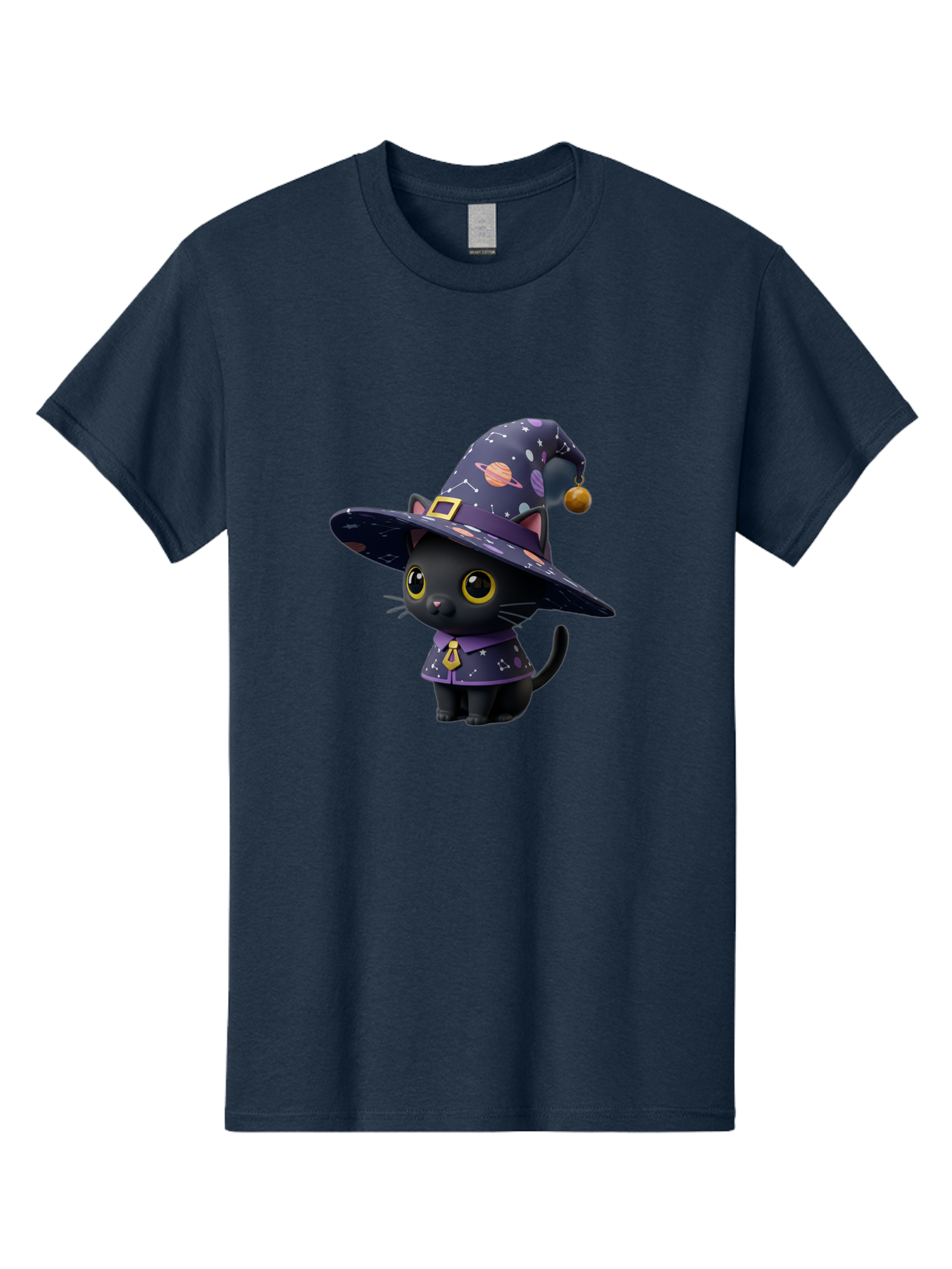 Galaxy-Witch-Cat Men'S Graphic Tee, 100% Cotton, Comfortable Casual Summer Wear, Machine Washable, Black Cat In Witch Costume, Galaxy-Themed Hat, Celestial Design, Yellow Eyes, Magical Atmosphere, Halloween Icon, Adorable Character, Bad115