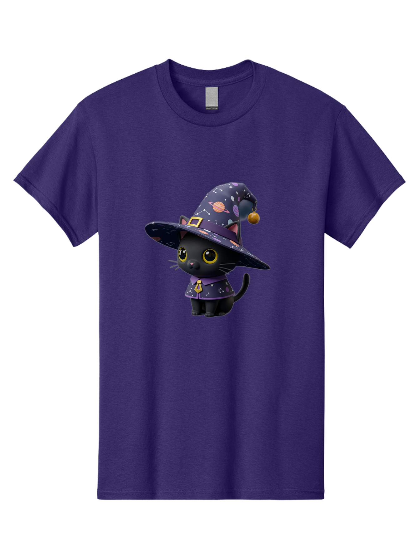 Galaxy-Witch-Cat Men'S Graphic Tee, 100% Cotton, Comfortable Casual Summer Wear, Machine Washable, Black Cat In Witch Costume, Galaxy-Themed Hat, Celestial Design, Yellow Eyes, Magical Atmosphere, Halloween Icon, Adorable Character, Bad115