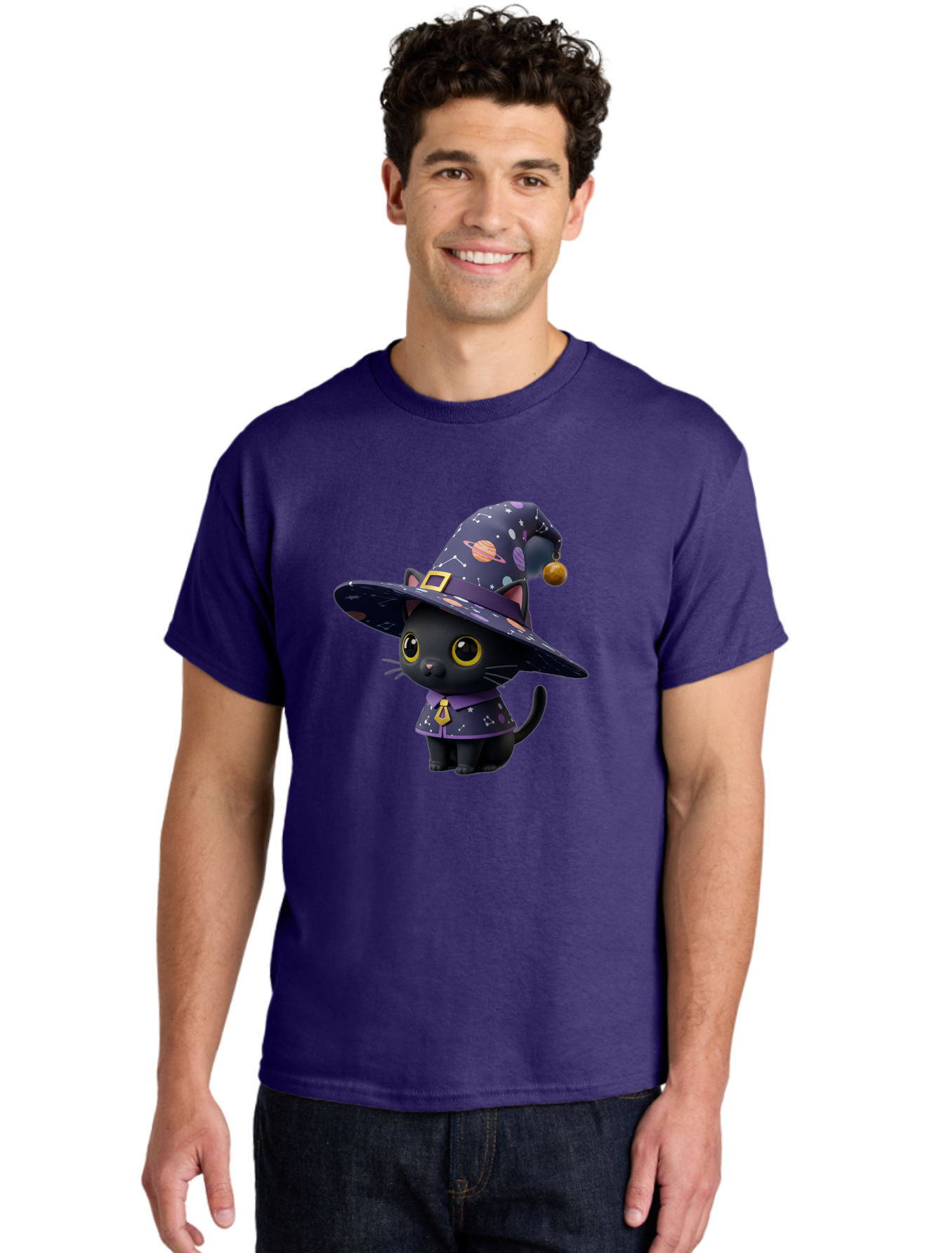 Galaxy-Witch-Cat Men'S Graphic Tee, 100% Cotton, Comfortable Casual Summer Wear, Machine Washable, Black Cat In Witch Costume, Galaxy-Themed Hat, Celestial Design, Yellow Eyes, Magical Atmosphere, Halloween Icon, Adorable Character, Bad115