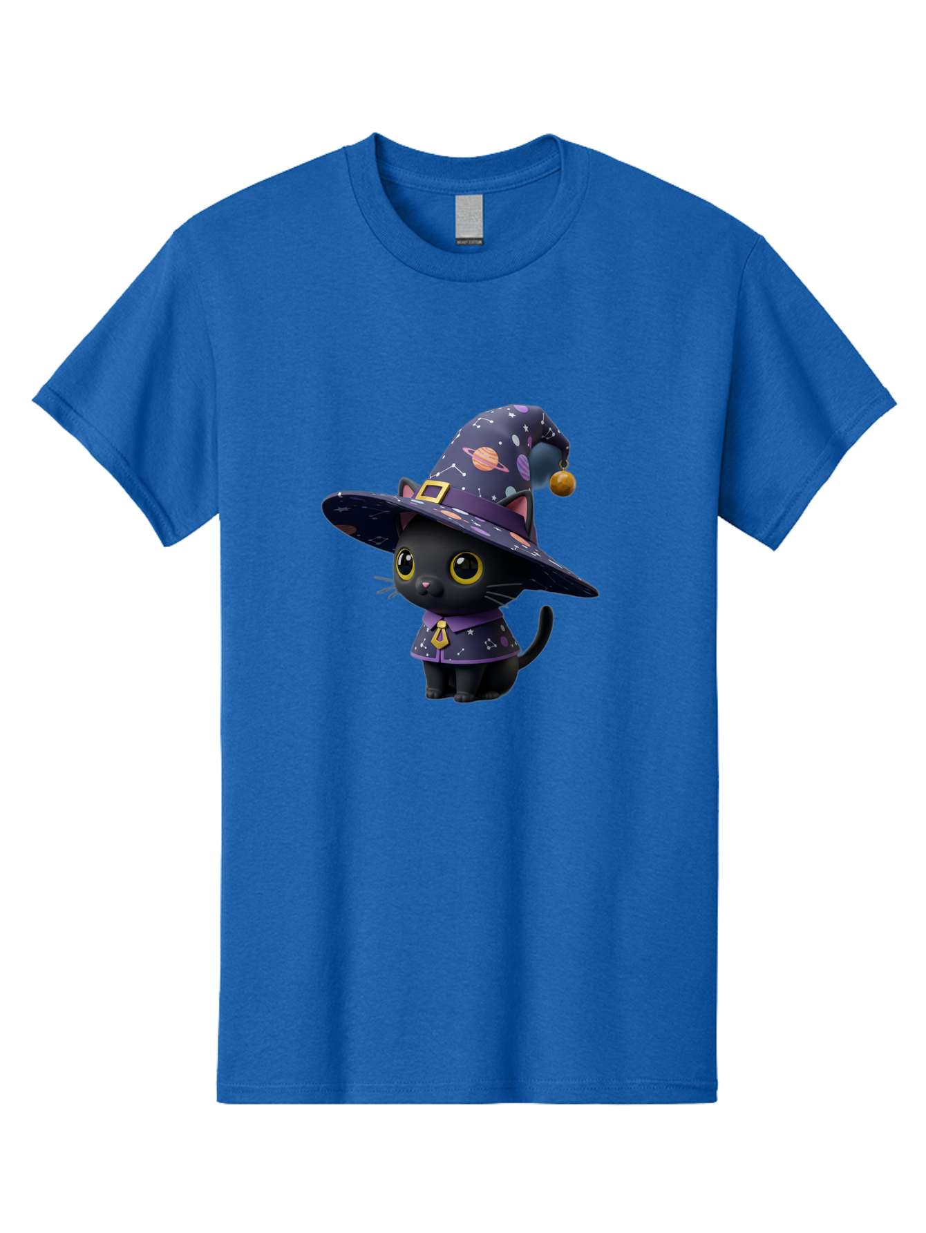 Galaxy-Witch-Cat Men'S Graphic Tee, 100% Cotton, Comfortable Casual Summer Wear, Machine Washable, Black Cat In Witch Costume, Galaxy-Themed Hat, Celestial Design, Yellow Eyes, Magical Atmosphere, Halloween Icon, Adorable Character, Bad115