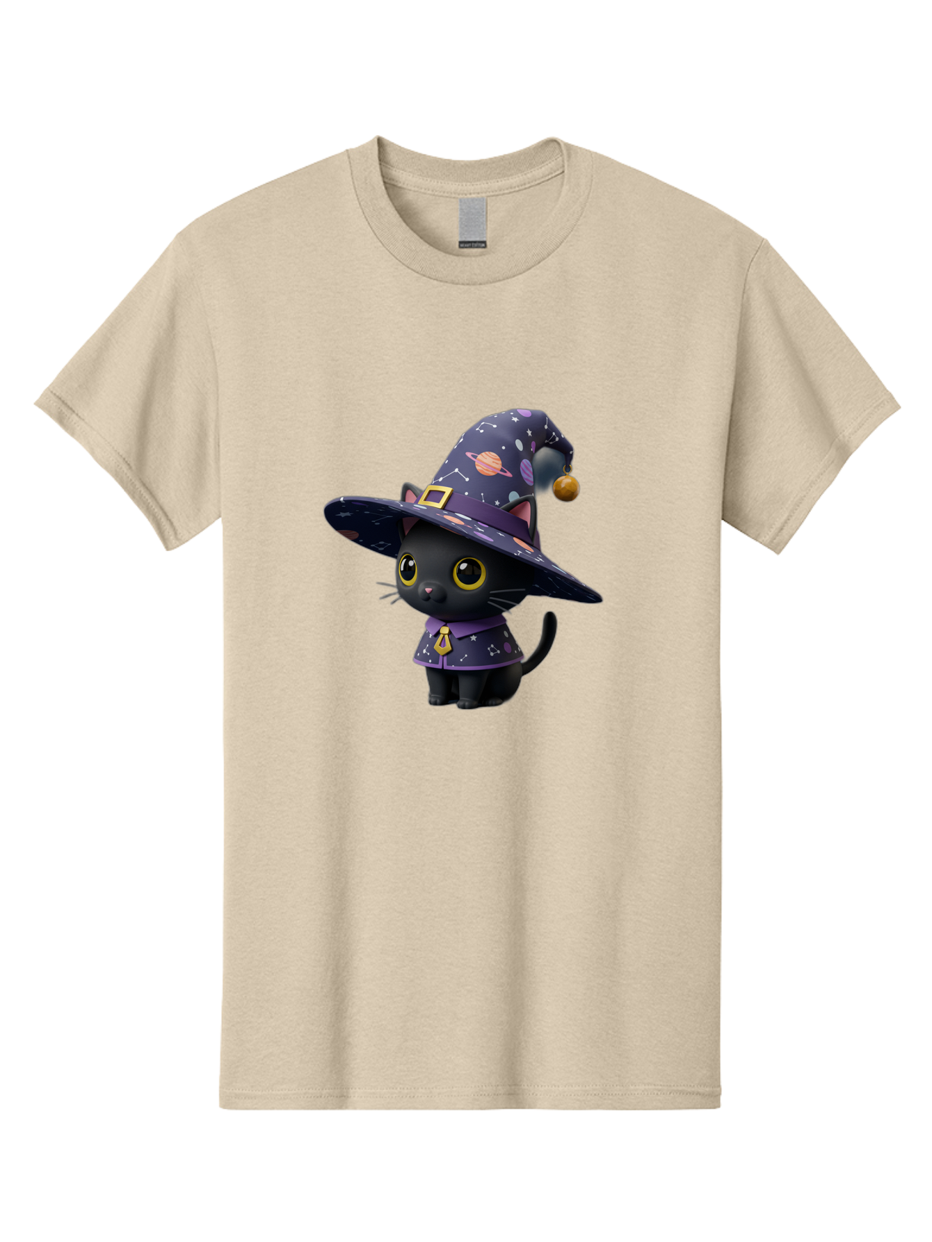 Galaxy-Witch-Cat Men'S Graphic Tee, 100% Cotton, Comfortable Casual Summer Wear, Machine Washable, Black Cat In Witch Costume, Galaxy-Themed Hat, Celestial Design, Yellow Eyes, Magical Atmosphere, Halloween Icon, Adorable Character, Bad115