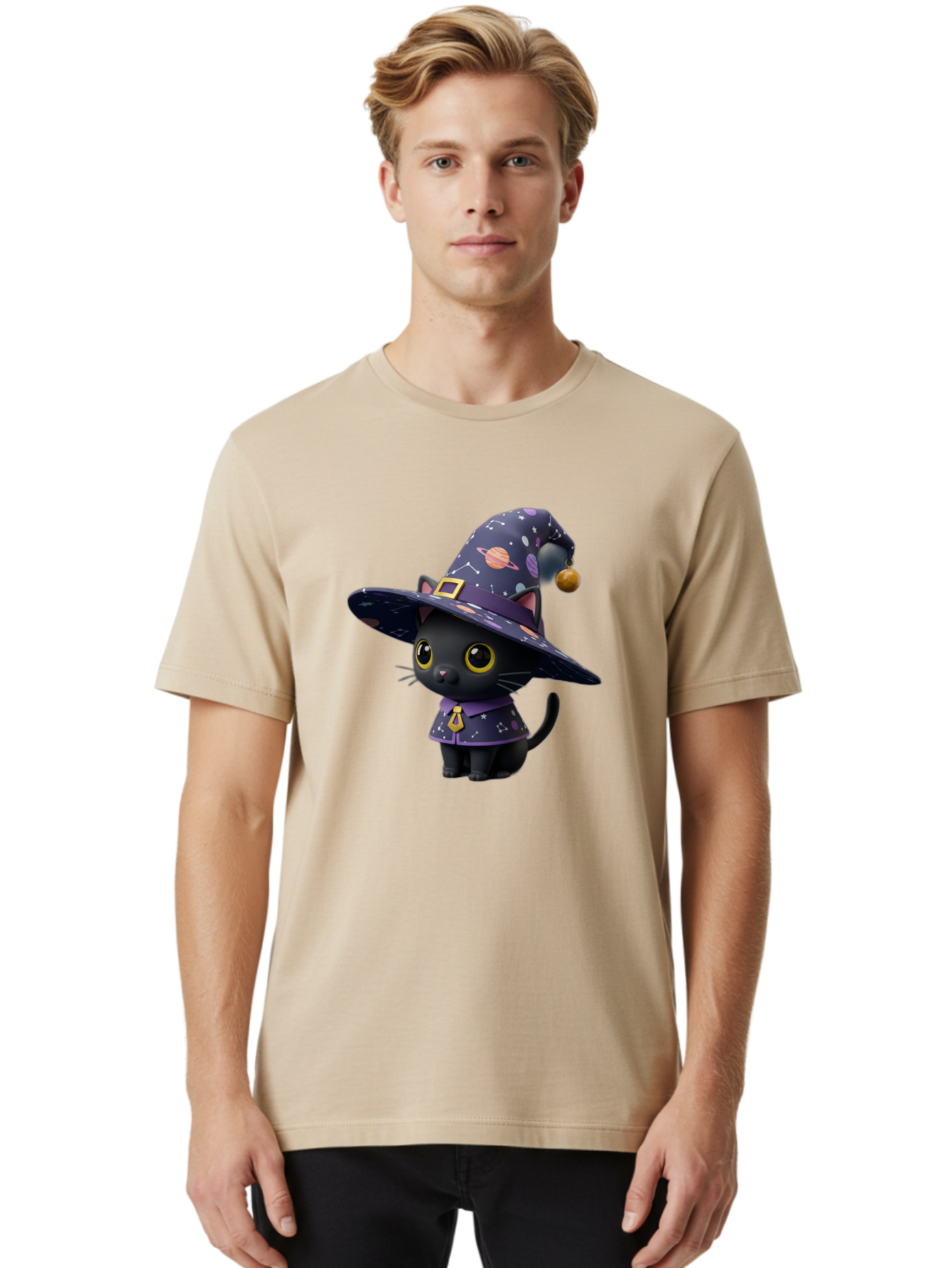 Galaxy-Witch-Cat Men'S Graphic Tee, 100% Cotton, Comfortable Casual Summer Wear, Machine Washable, Black Cat In Witch Costume, Galaxy-Themed Hat, Celestial Design, Yellow Eyes, Magical Atmosphere, Halloween Icon, Adorable Character, Bad115