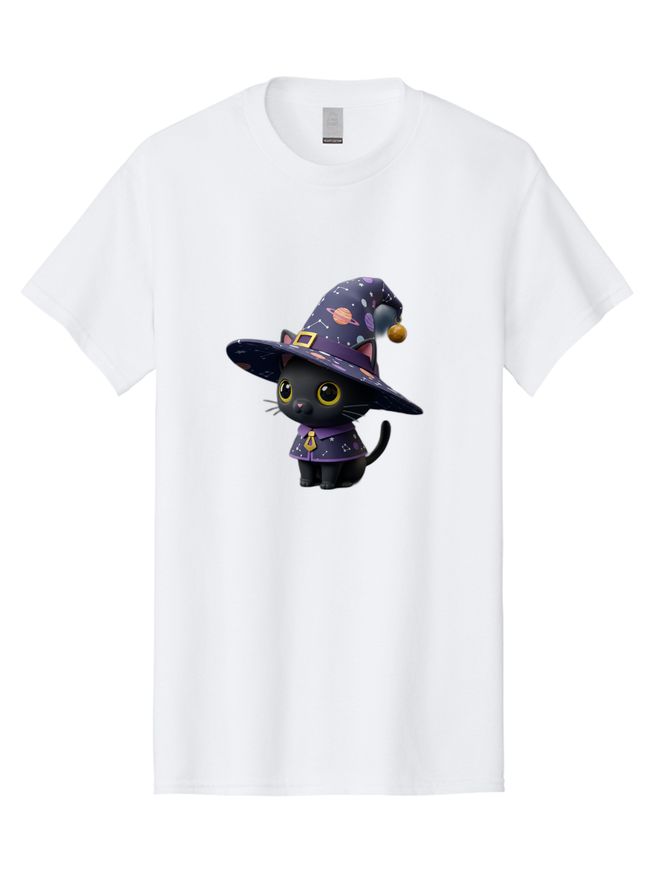 Galaxy-Witch-Cat Men'S Graphic Tee, 100% Cotton, Comfortable Casual Summer Wear, Machine Washable, Black Cat In Witch Costume, Galaxy-Themed Hat, Celestial Design, Yellow Eyes, Magical Atmosphere, Halloween Icon, Adorable Character, Bad115