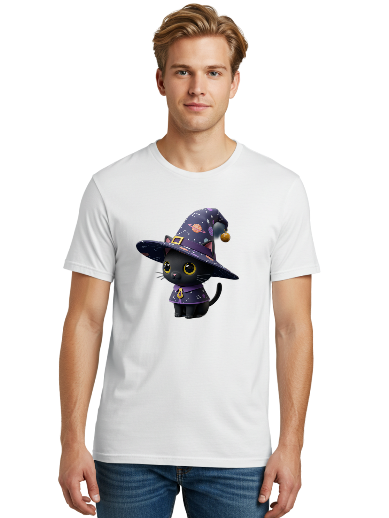 Galaxy-Witch-Cat Men'S Graphic Tee, 100% Cotton, Comfortable Casual Summer Wear, Machine Washable, Black Cat In Witch Costume, Galaxy-Themed Hat, Celestial Design, Yellow Eyes, Magical Atmosphere, Halloween Icon, Adorable Character, Bad115