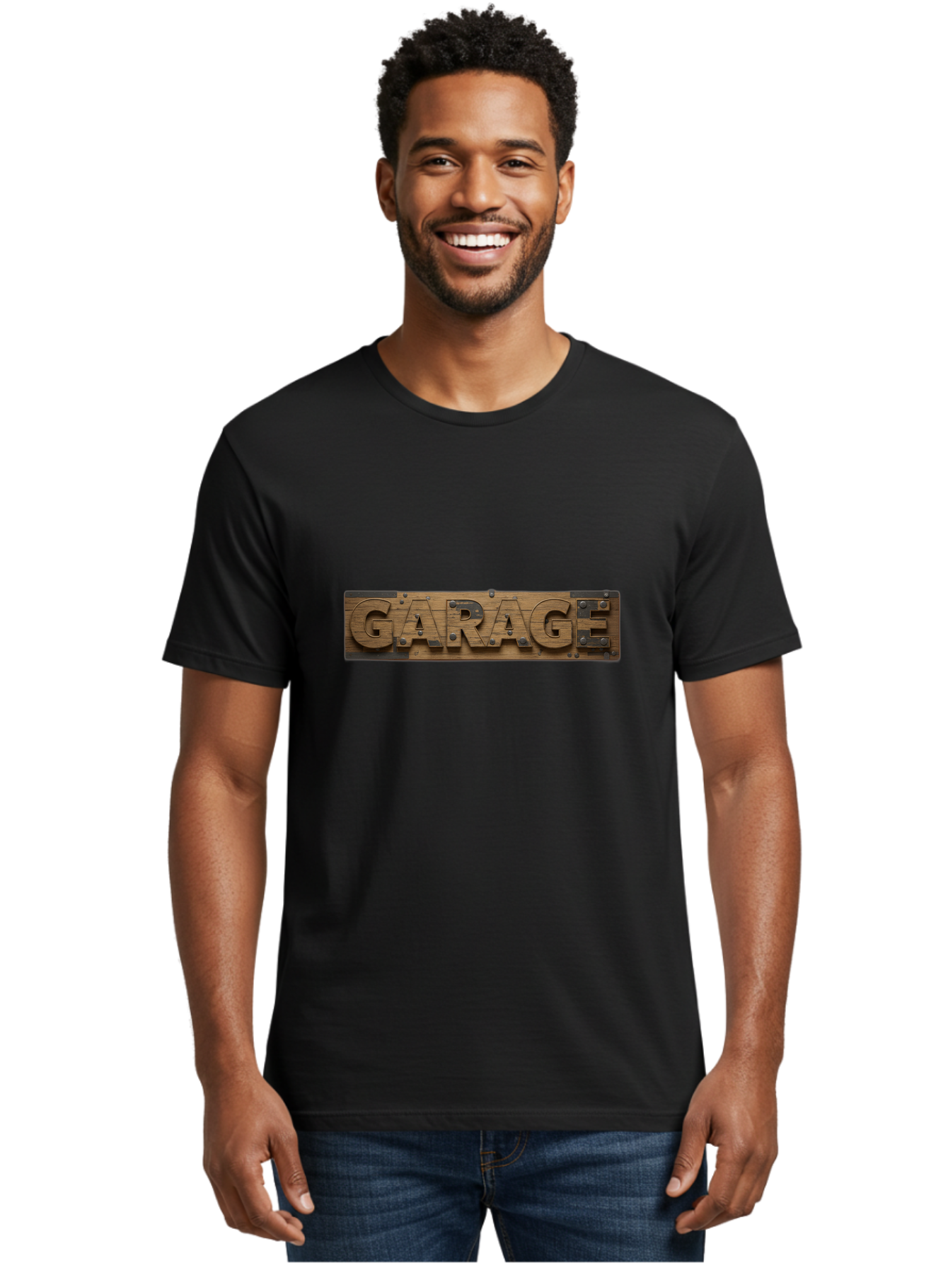 Garage Men'S Graphic Tee, 100% Cotton, Comfortable Casual Summer Wear, Machine Washable, Wooden Sign, Wooden Letters, Metal Rivets, Garage Text, Rustic Signage, Vintage Style, Retro Aesthetic, Grunge Texture, Diy Decor Bad116