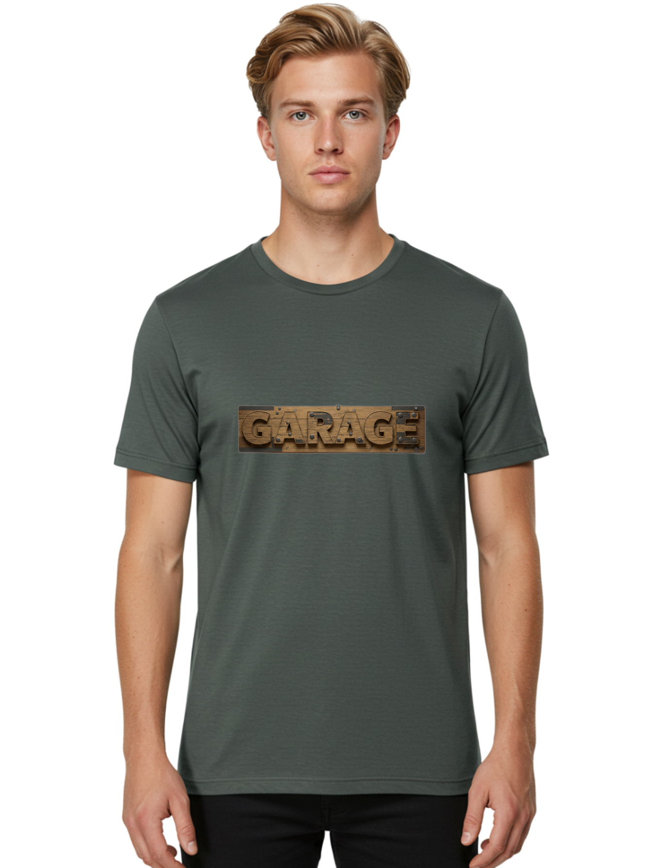 Garage Men'S Graphic Tee, 100% Cotton, Comfortable Casual Summer Wear, Machine Washable, Wooden Sign, Wooden Letters, Metal Rivets, Garage Text, Rustic Signage, Vintage Style, Retro Aesthetic, Grunge Texture, Diy Decor Bad116