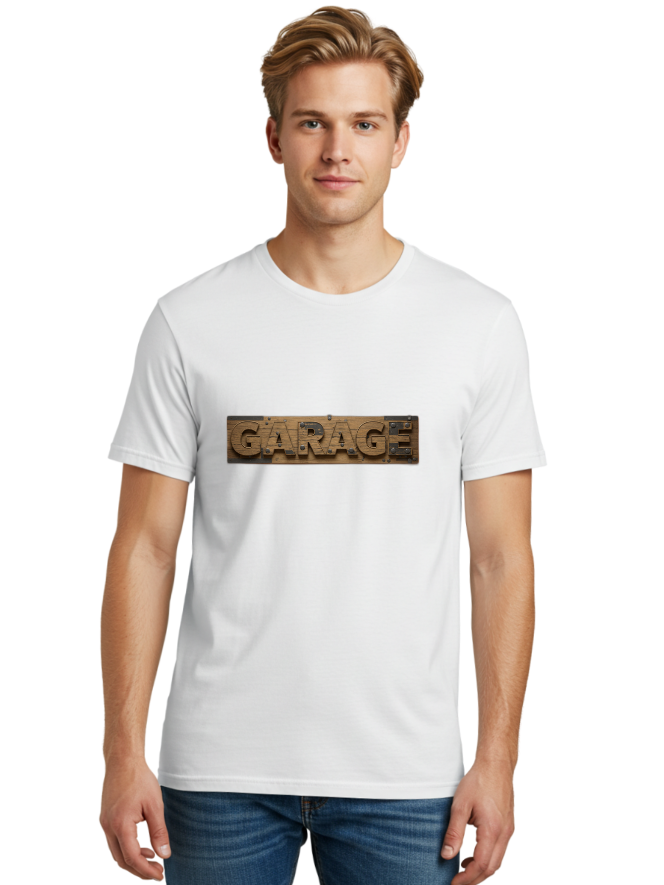 Garage Men'S Graphic Tee, 100% Cotton, Comfortable Casual Summer Wear, Machine Washable, Wooden Sign, Wooden Letters, Metal Rivets, Garage Text, Rustic Signage, Vintage Style, Retro Aesthetic, Grunge Texture, Diy Decor Bad116