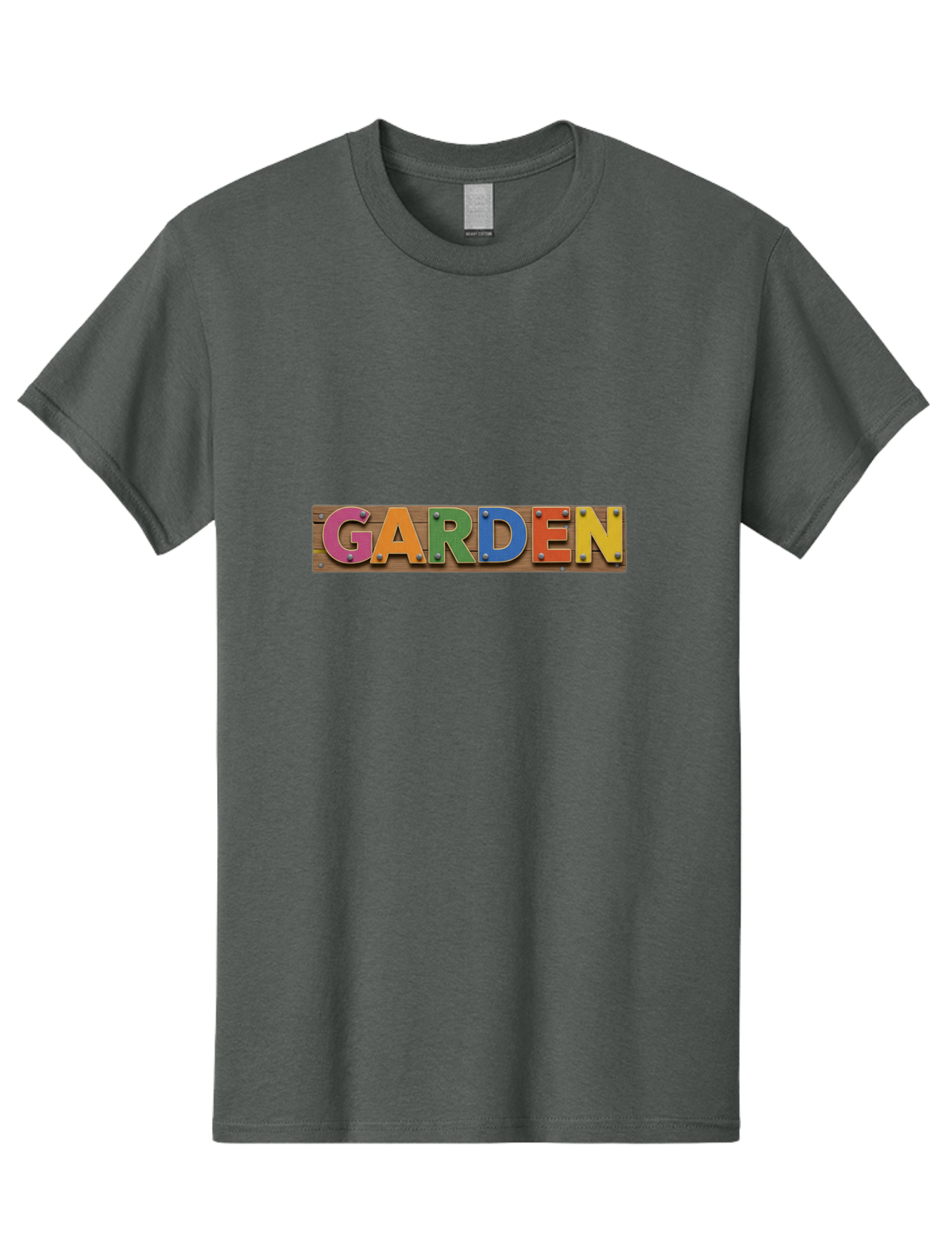 Garden Men'S Graphic Tee, 100% Cotton, Comfortable Casual Summer Wear, Machine Washable, Colorful Letters, Garden Signage, Wooden Background, Vibrant Colors, Metal Rivets, Gardening Theme, Outdoor Decor, Rustic Charm, Multicolored Text, Bad117