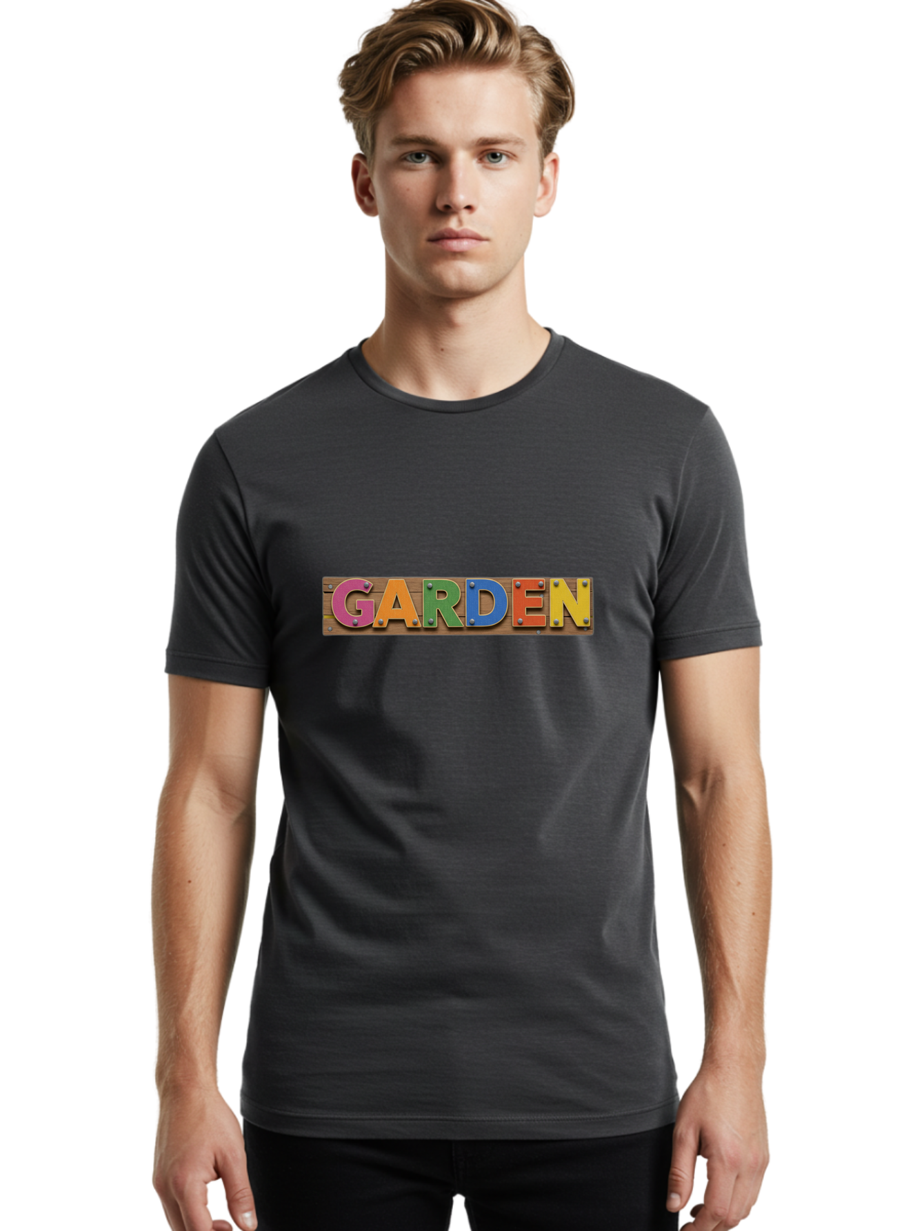 Garden Men'S Graphic Tee, 100% Cotton, Comfortable Casual Summer Wear, Machine Washable, Colorful Letters, Garden Signage, Wooden Background, Vibrant Colors, Metal Rivets, Gardening Theme, Outdoor Decor, Rustic Charm, Multicolored Text, Bad117