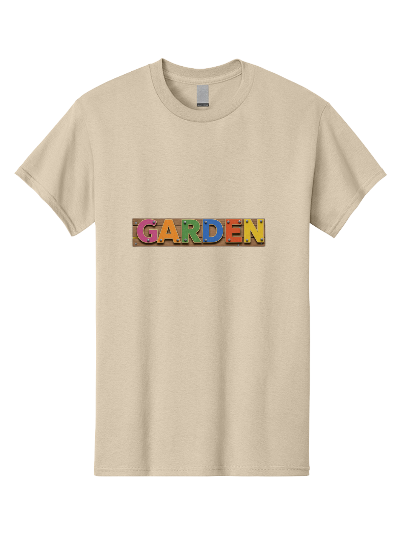 Garden Men'S Graphic Tee, 100% Cotton, Comfortable Casual Summer Wear, Machine Washable, Colorful Letters, Garden Signage, Wooden Background, Vibrant Colors, Metal Rivets, Gardening Theme, Outdoor Decor, Rustic Charm, Multicolored Text, Bad117