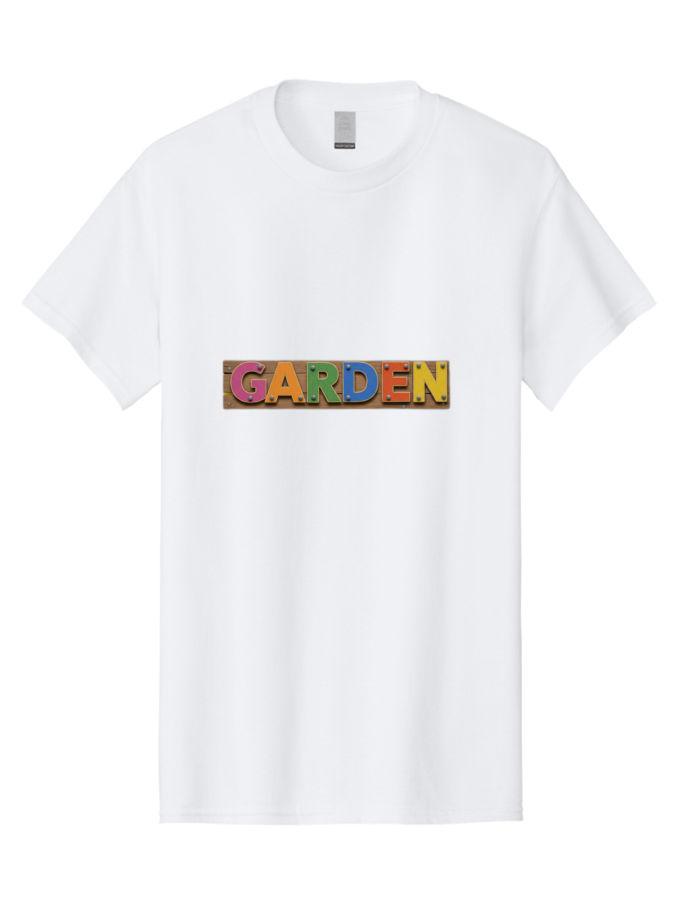 Garden Men'S Graphic Tee, 100% Cotton, Comfortable Casual Summer Wear, Machine Washable, Colorful Letters, Garden Signage, Wooden Background, Vibrant Colors, Metal Rivets, Gardening Theme, Outdoor Decor, Rustic Charm, Multicolored Text, Bad117