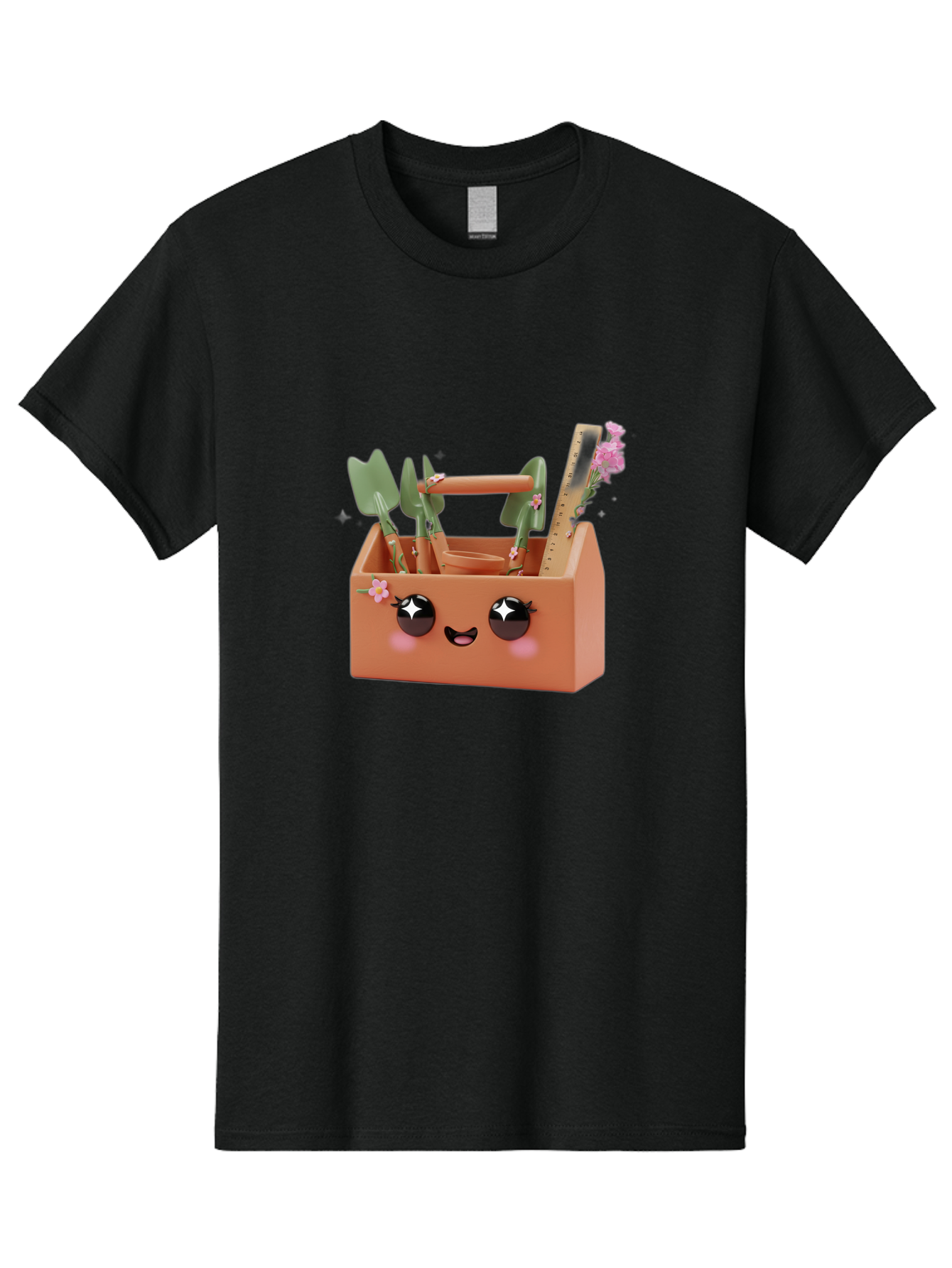 Gardening-Toolbox Men'S Graphic Tee, 100% Cotton, Comfortable Casual Summer Wear, Machine Washable, Gardening Tool Set, Adorable Storage Box, Cute Face Design, Gardening Tools, Flower Decorations, Small Plastic Shovel, Trowel, Rake, Bad118