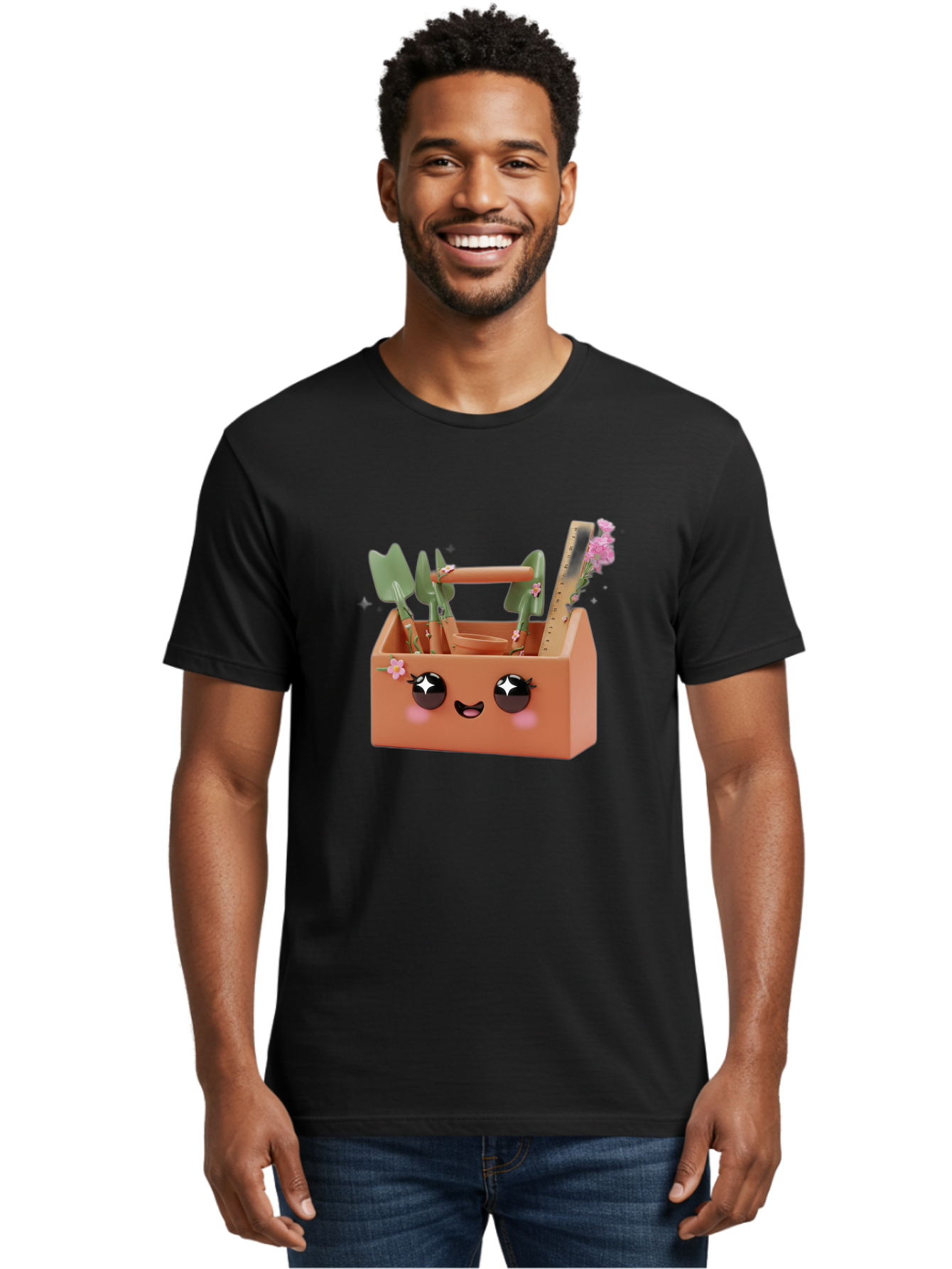 Gardening-Toolbox Men'S Graphic Tee, 100% Cotton, Comfortable Casual Summer Wear, Machine Washable, Gardening Tool Set, Adorable Storage Box, Cute Face Design, Gardening Tools, Flower Decorations, Small Plastic Shovel, Trowel, Rake, Bad118