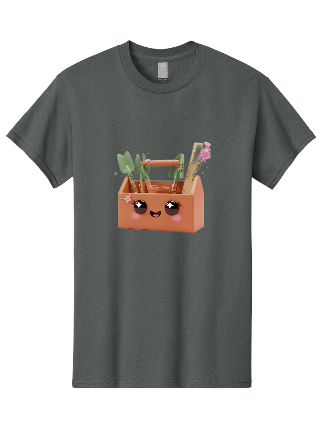 Gardening-Toolbox Men'S Graphic Tee, 100% Cotton, Comfortable Casual Summer Wear, Machine Washable, Gardening Tool Set, Adorable Storage Box, Cute Face Design, Gardening Tools, Flower Decorations, Small Plastic Shovel, Trowel, Rake, Bad118