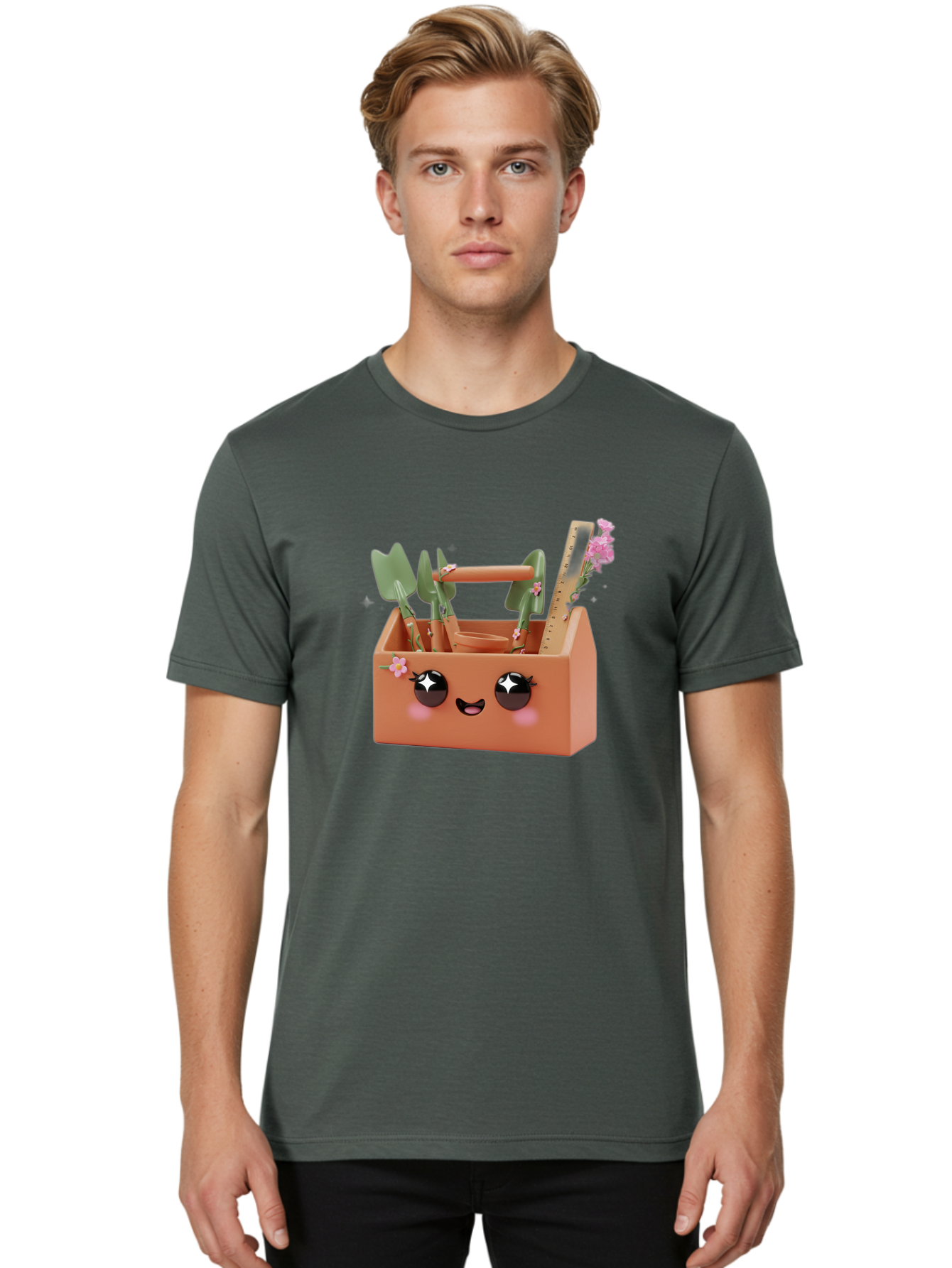 Gardening-Toolbox Men'S Graphic Tee, 100% Cotton, Comfortable Casual Summer Wear, Machine Washable, Gardening Tool Set, Adorable Storage Box, Cute Face Design, Gardening Tools, Flower Decorations, Small Plastic Shovel, Trowel, Rake, Bad118