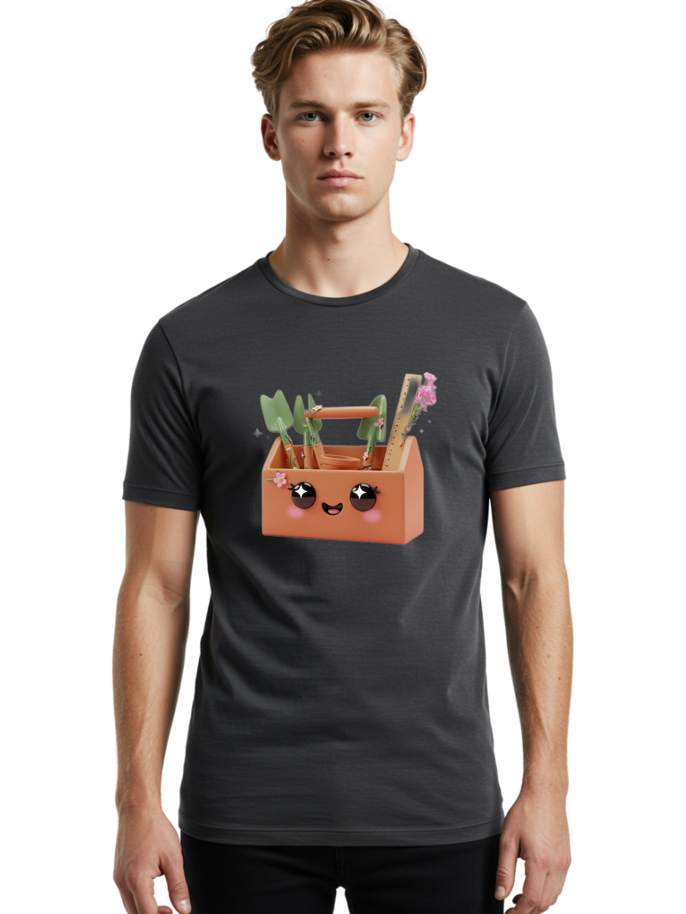 Gardening-Toolbox Men'S Graphic Tee, 100% Cotton, Comfortable Casual Summer Wear, Machine Washable, Gardening Tool Set, Adorable Storage Box, Cute Face Design, Gardening Tools, Flower Decorations, Small Plastic Shovel, Trowel, Rake, Bad118