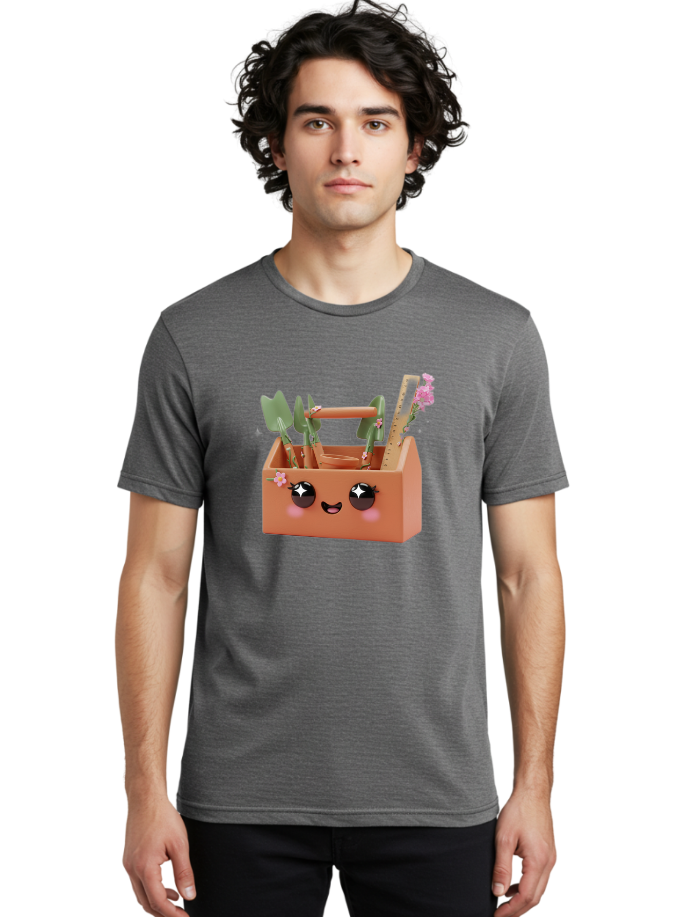 Gardening-Toolbox Men'S Graphic Tee, 100% Cotton, Comfortable Casual Summer Wear, Machine Washable, Gardening Tool Set, Adorable Storage Box, Cute Face Design, Gardening Tools, Flower Decorations, Small Plastic Shovel, Trowel, Rake, Bad118